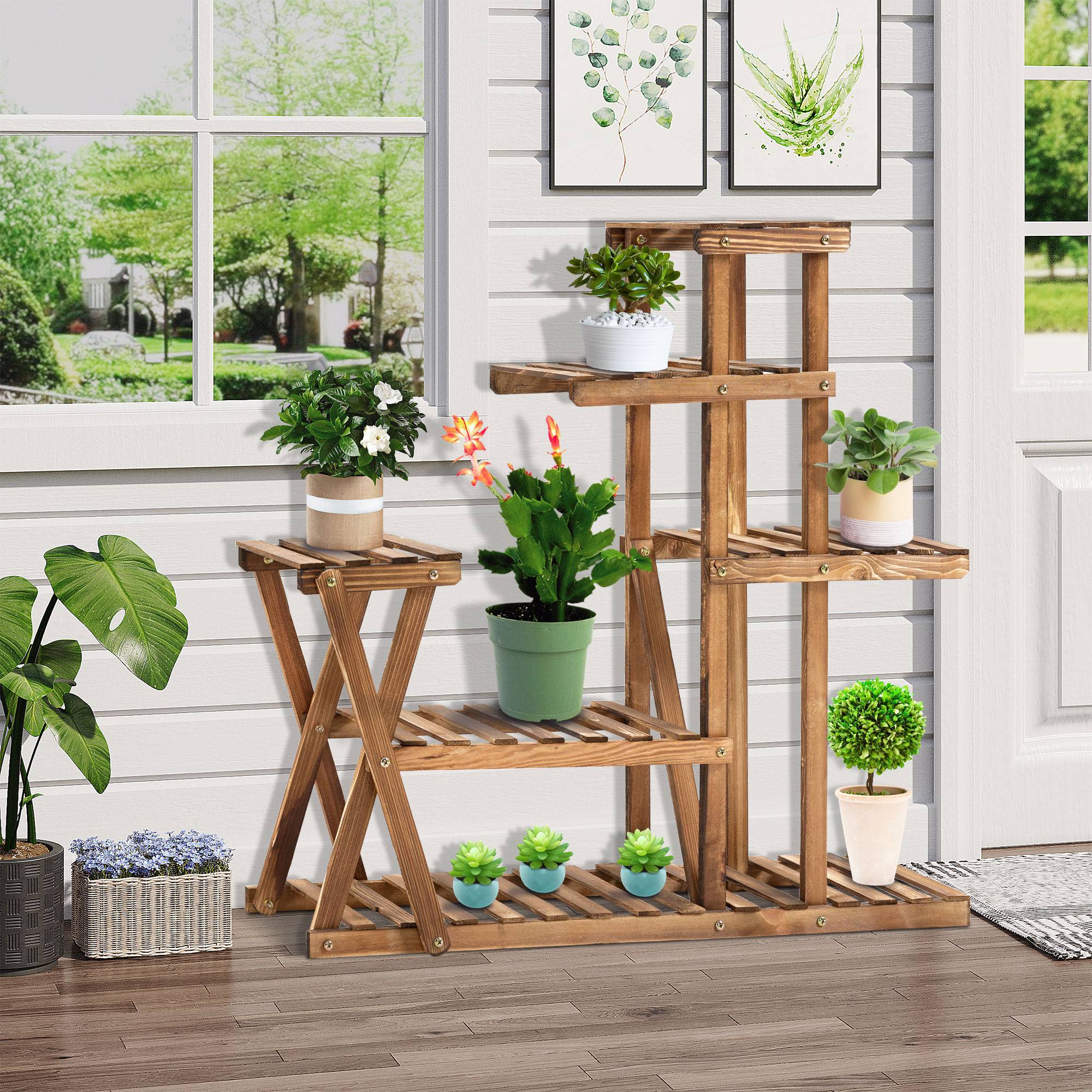 Support à Plantes en Bois 5 Niveaux avec Pieds, 60 kg, Intérieur/Extérieur, 98 x 28 x 95 cm, Finition Carbonisée - Image 3