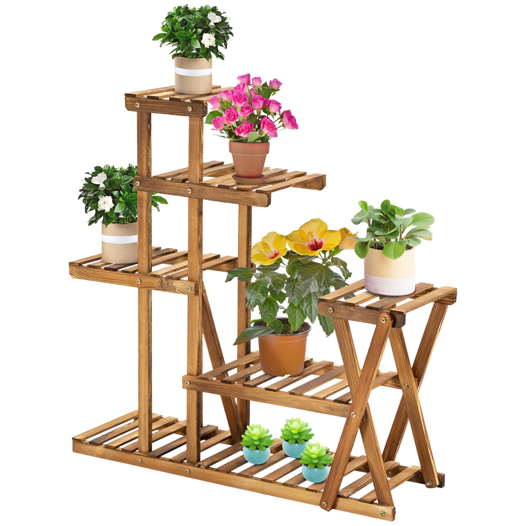 Support à Plantes en Bois 5 Niveaux avec Pieds, 60 kg, Intérieur/Extérieur, 98 x 28 x 95 cm, Finition Carbonisée - Image 2