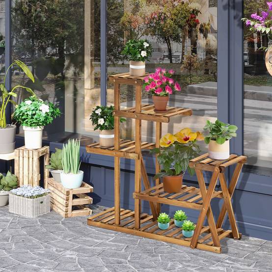 Support à Plantes en Bois 5 Niveaux avec Pieds, 60 kg, Intérieur/Extérieur, 98 x 28 x 95 cm, Finition Carbonisée - Image 4