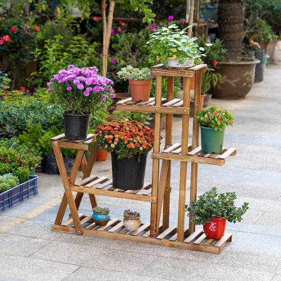 Support à Plantes en Bois 5 Niveaux avec Pieds, 60 kg, Intérieur/Extérieur, 98 x 28 x 95 cm, Finition Carbonisée - Image 9