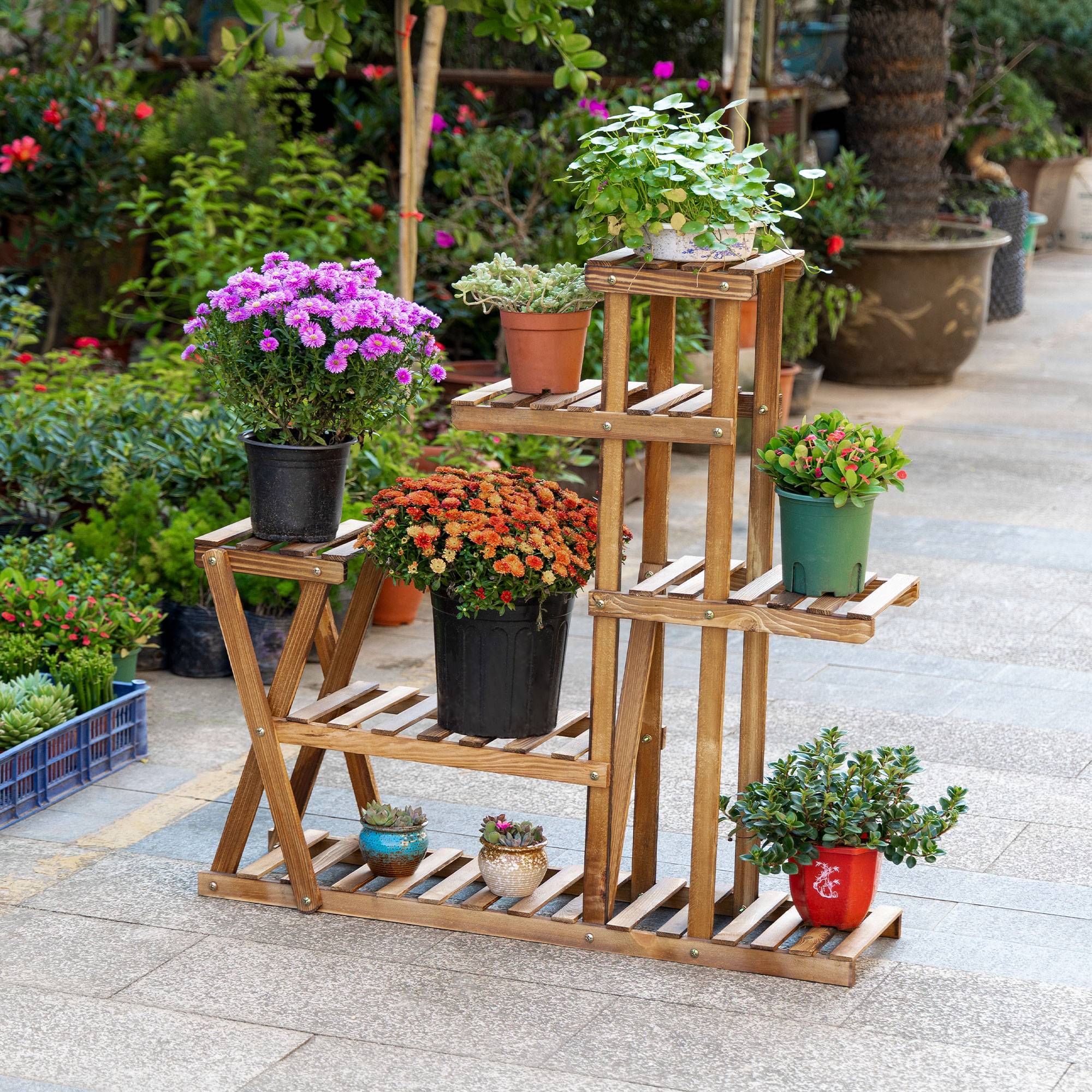 Support à Plantes en Bois 5 Niveaux avec Pieds, 60 kg, Intérieur/Extérieur, 98 x 28 x 95 cm, Finition Carbonisée - Image 9