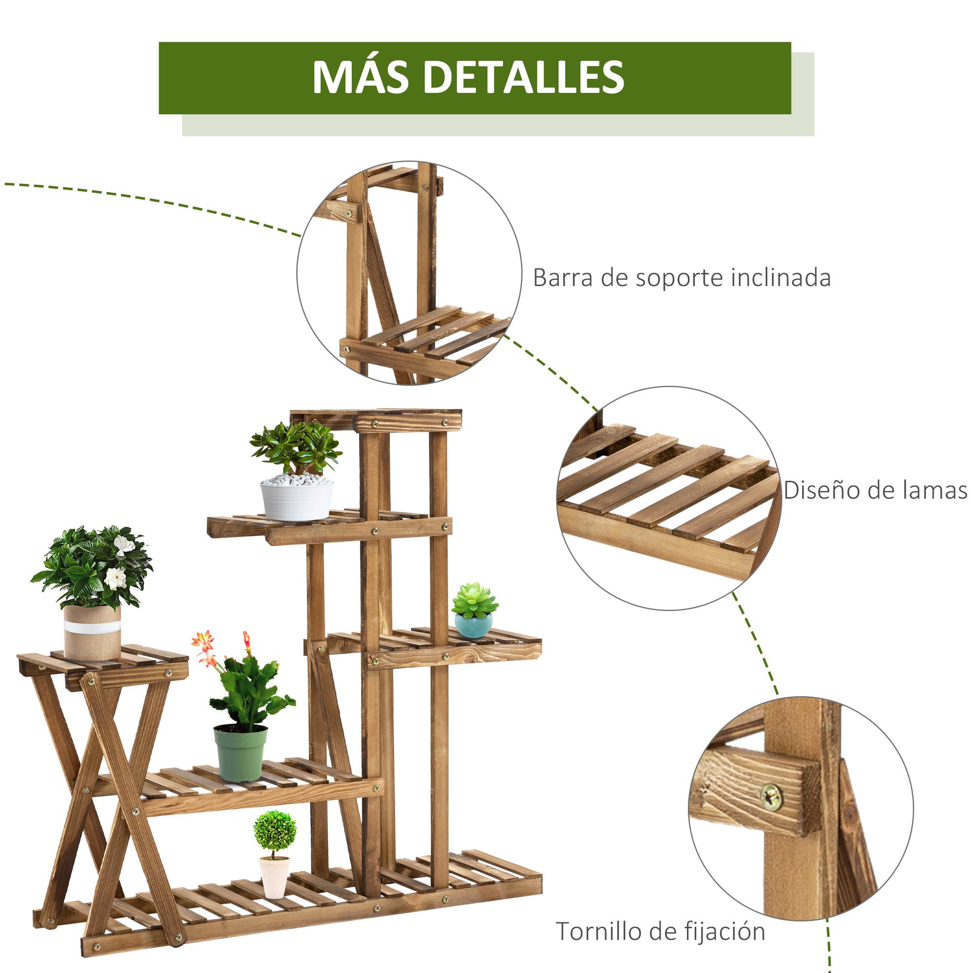 Support à Plantes en Bois 5 Niveaux avec Pieds, 60 kg, Intérieur/Extérieur, 98 x 28 x 95 cm, Finition Carbonisée - Image 7