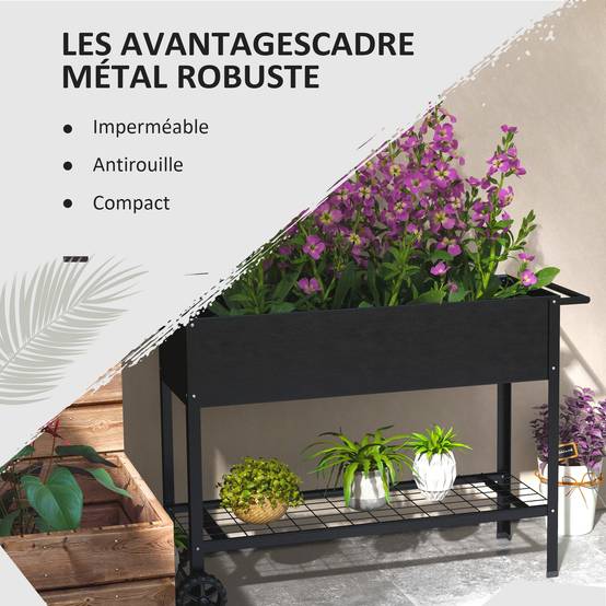 Carré potager sur pieds Métal pour terrasse Jardinière avec étagère et roues 109cm noir - ComfortXL Outdoor Living - Image 8
