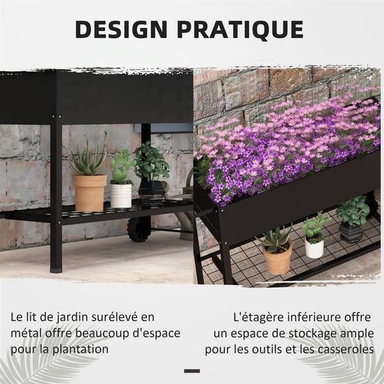 Carré potager sur pieds Métal pour terrasse Jardinière avec étagère et roues 109cm noir - ComfortXL Outdoor Living - Image 7