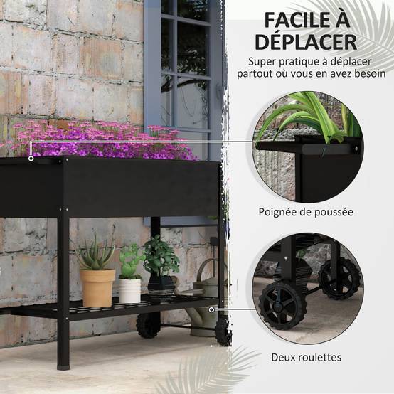 Carré potager sur pieds Métal pour terrasse Jardinière avec étagère et roues 109cm noir - ComfortXL Outdoor Living - Image 6