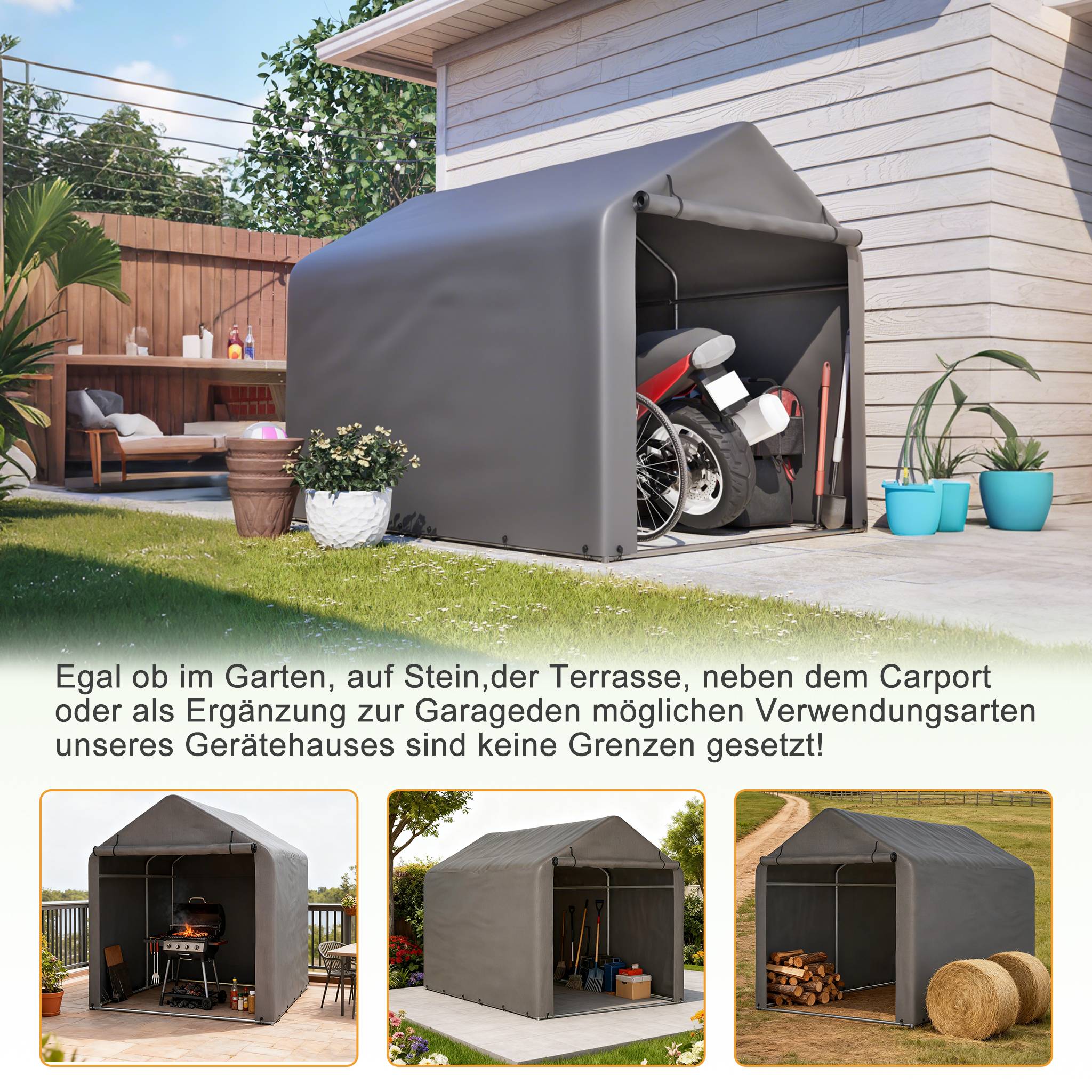 ComfortXL - Abri vélo tente de stockage acier et PE pour jardin porte enroulable 160x220x165cm gris - ComfortXL Outdoor Living - Image 5