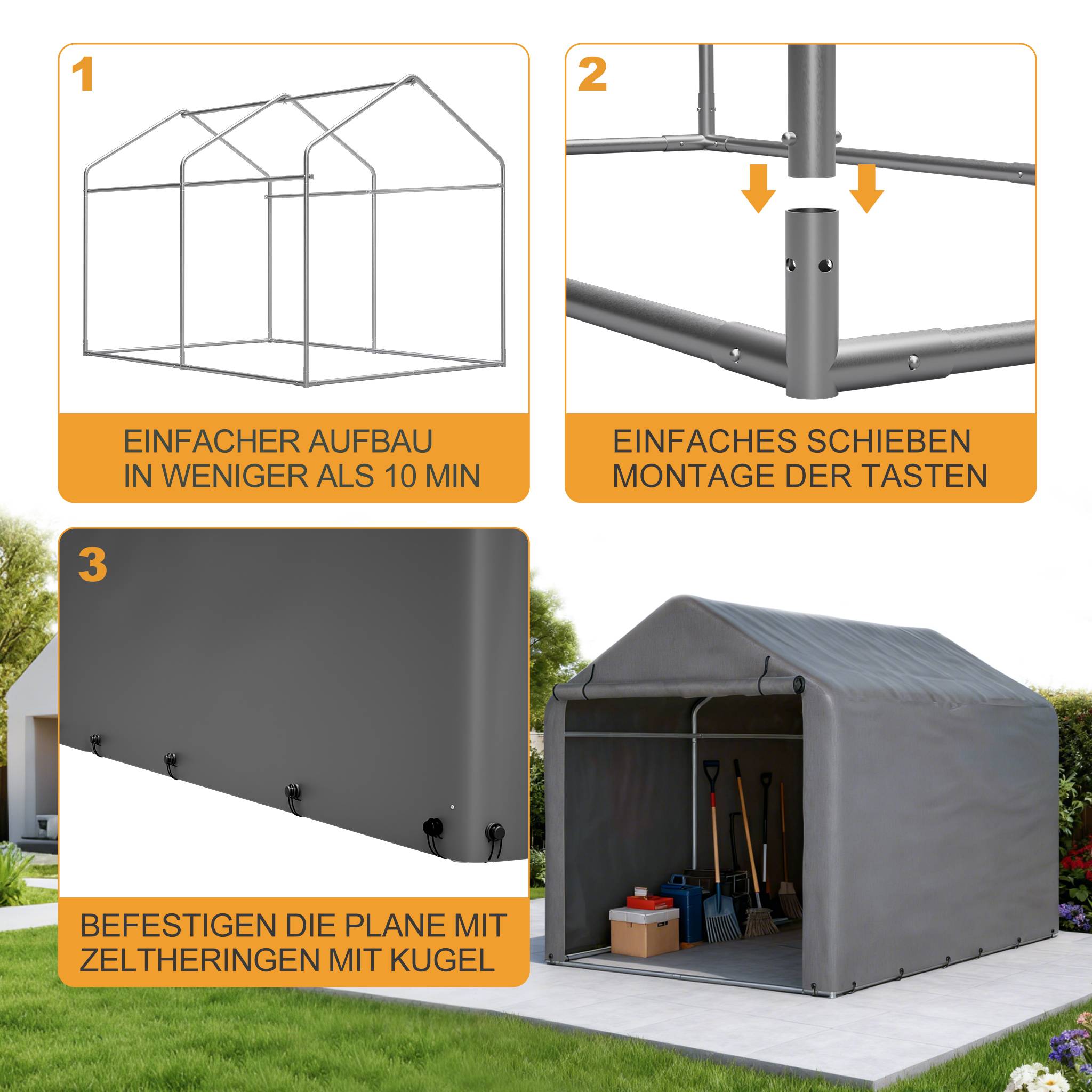 ComfortXL - Abri vélo tente de stockage acier et PE pour jardin porte enroulable 160x220x165cm gris - ComfortXL Outdoor Living - Image 3