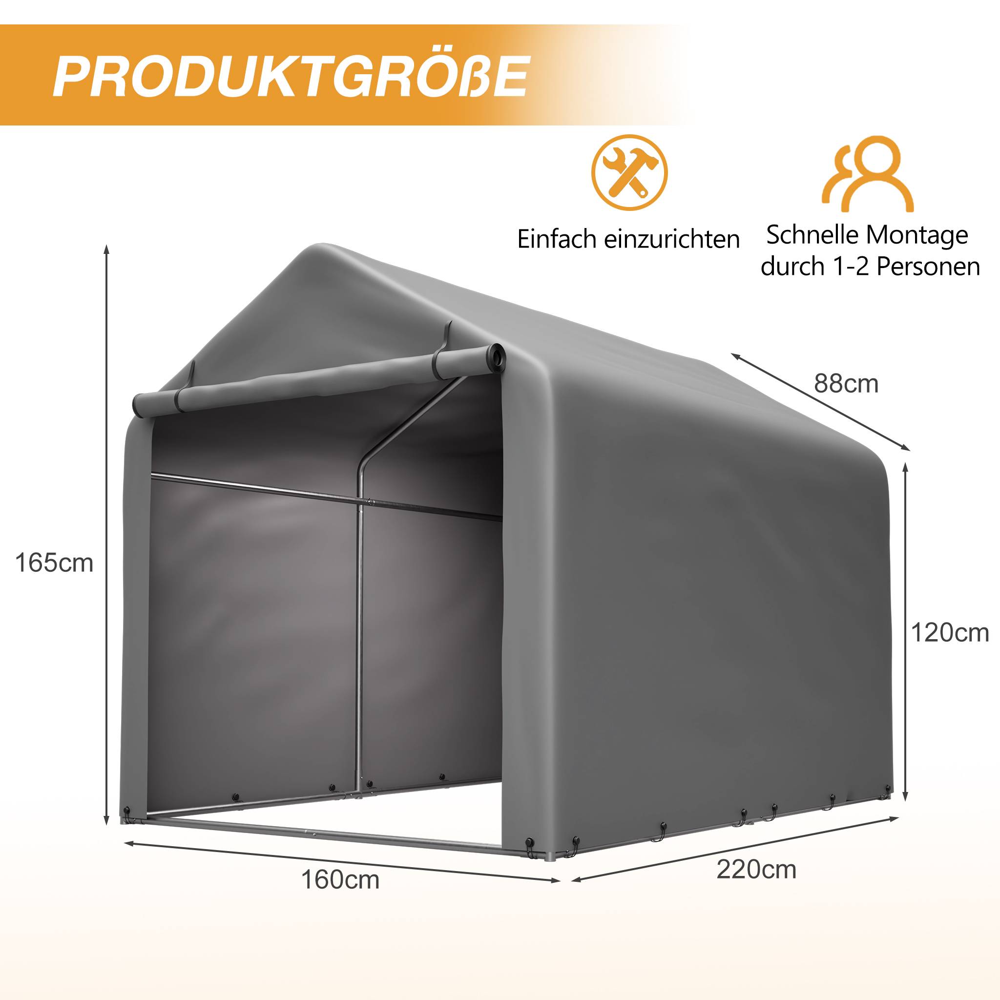 ComfortXL - Abri vélo tente de stockage acier et PE pour jardin porte enroulable 160x220x165cm gris - ComfortXL Outdoor Living - Image 2
