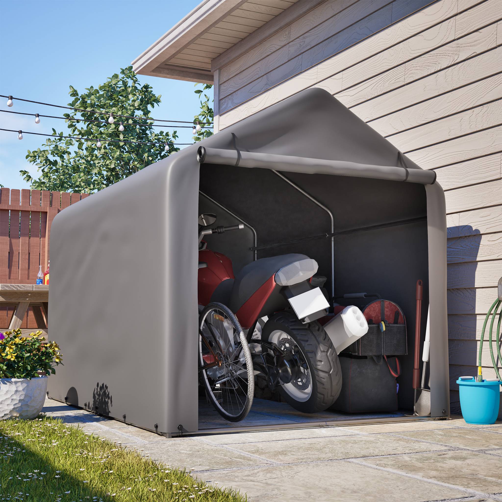 ComfortXL - Abri vélo tente de stockage acier et PE pour jardin porte enroulable 160x220x165cm gris - ComfortXL Outdoor Living - Image 10