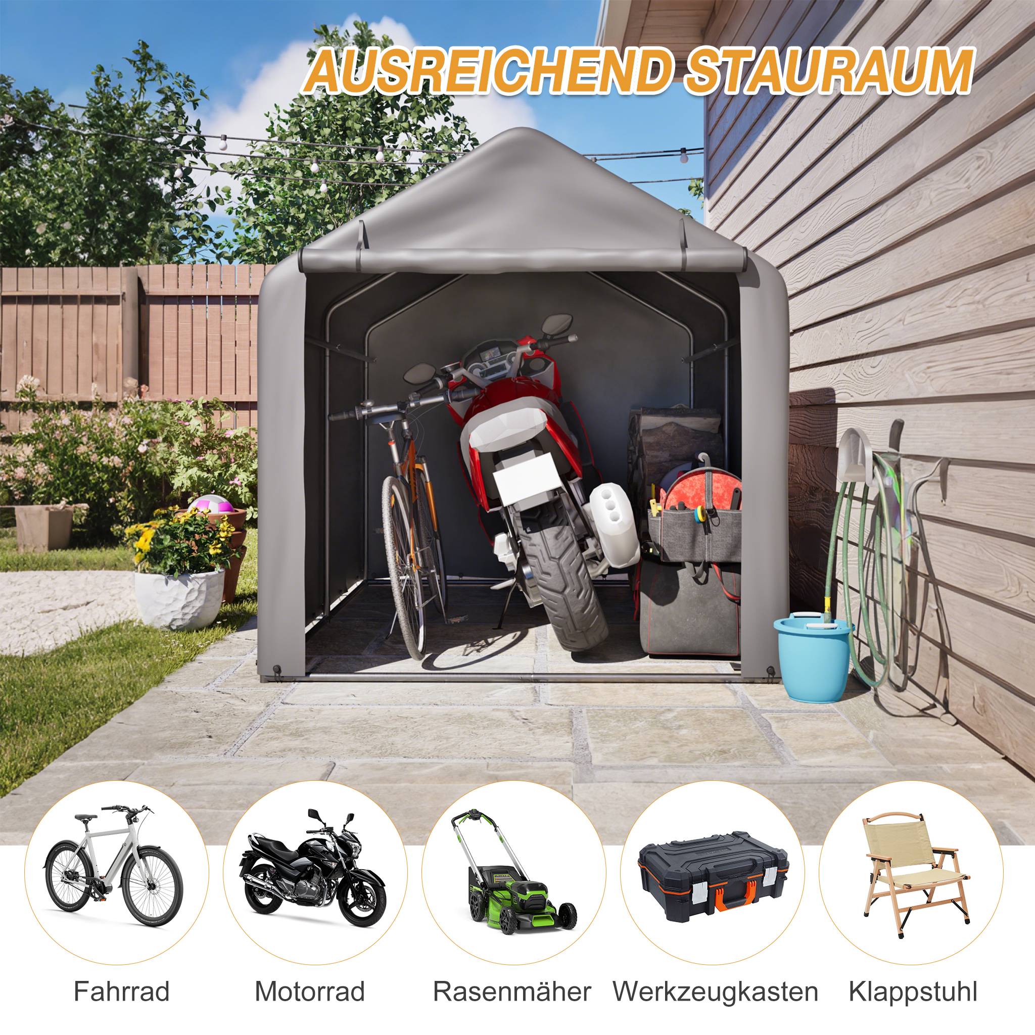 ComfortXL - Abri vélo tente de stockage acier et PE pour jardin porte enroulable 160x220x165cm gris - ComfortXL Outdoor Living - Image 7