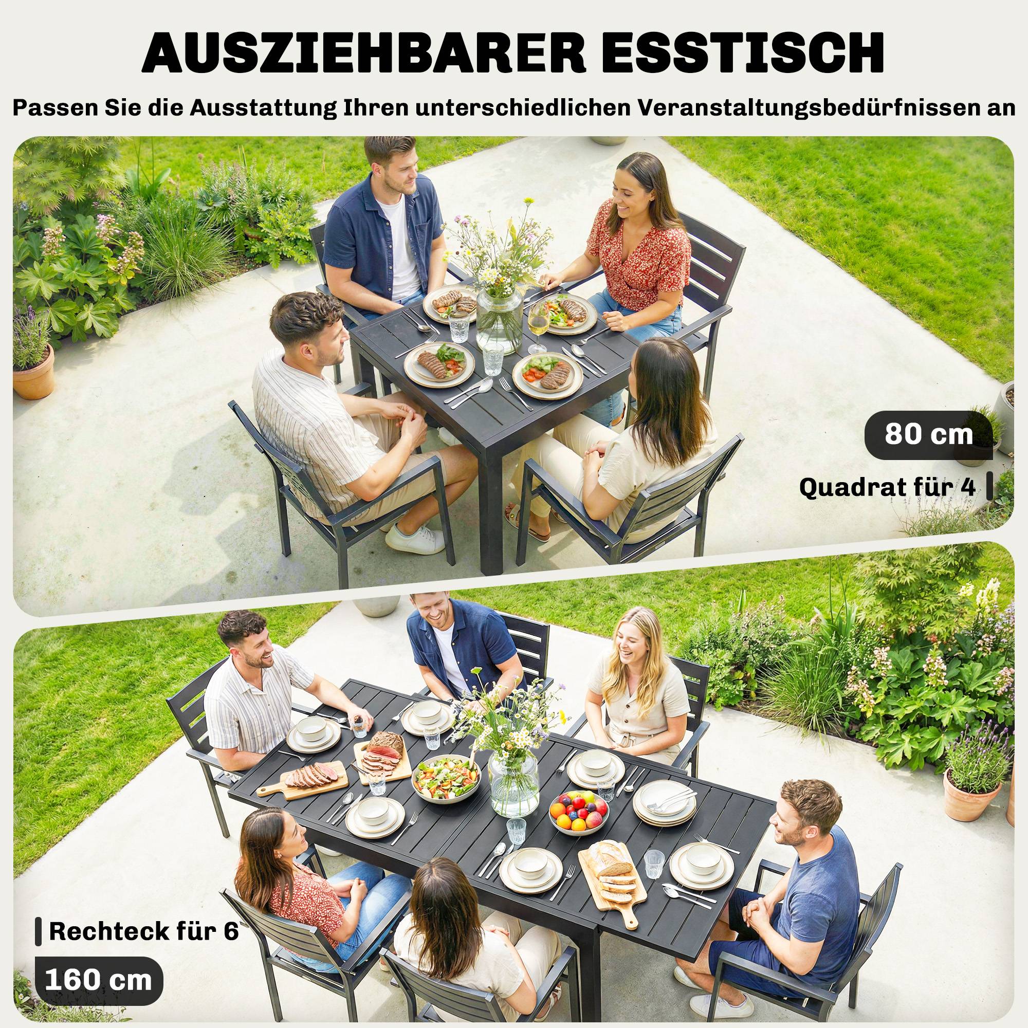 Table de jardin extensible, 80/160 x 80 cm, table à manger rectangulaire en aluminium pour 4 à 6 personnes avec plateau à lattes - Image 6