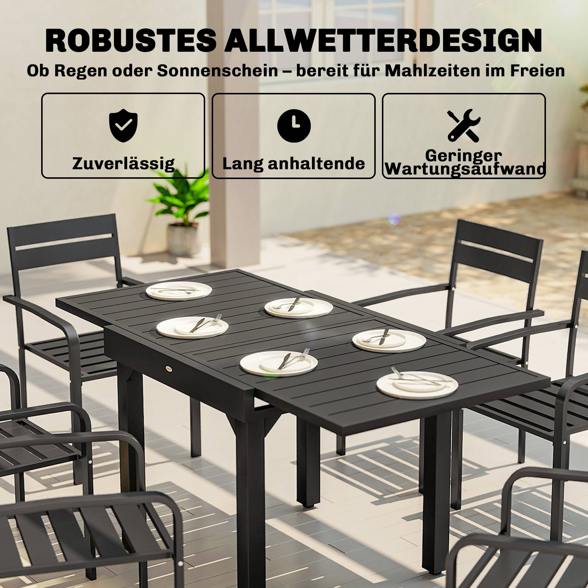 Table de jardin extensible, 80/160 x 80 cm, table à manger rectangulaire en aluminium pour 4 à 6 personnes avec plateau à lattes - Image 8