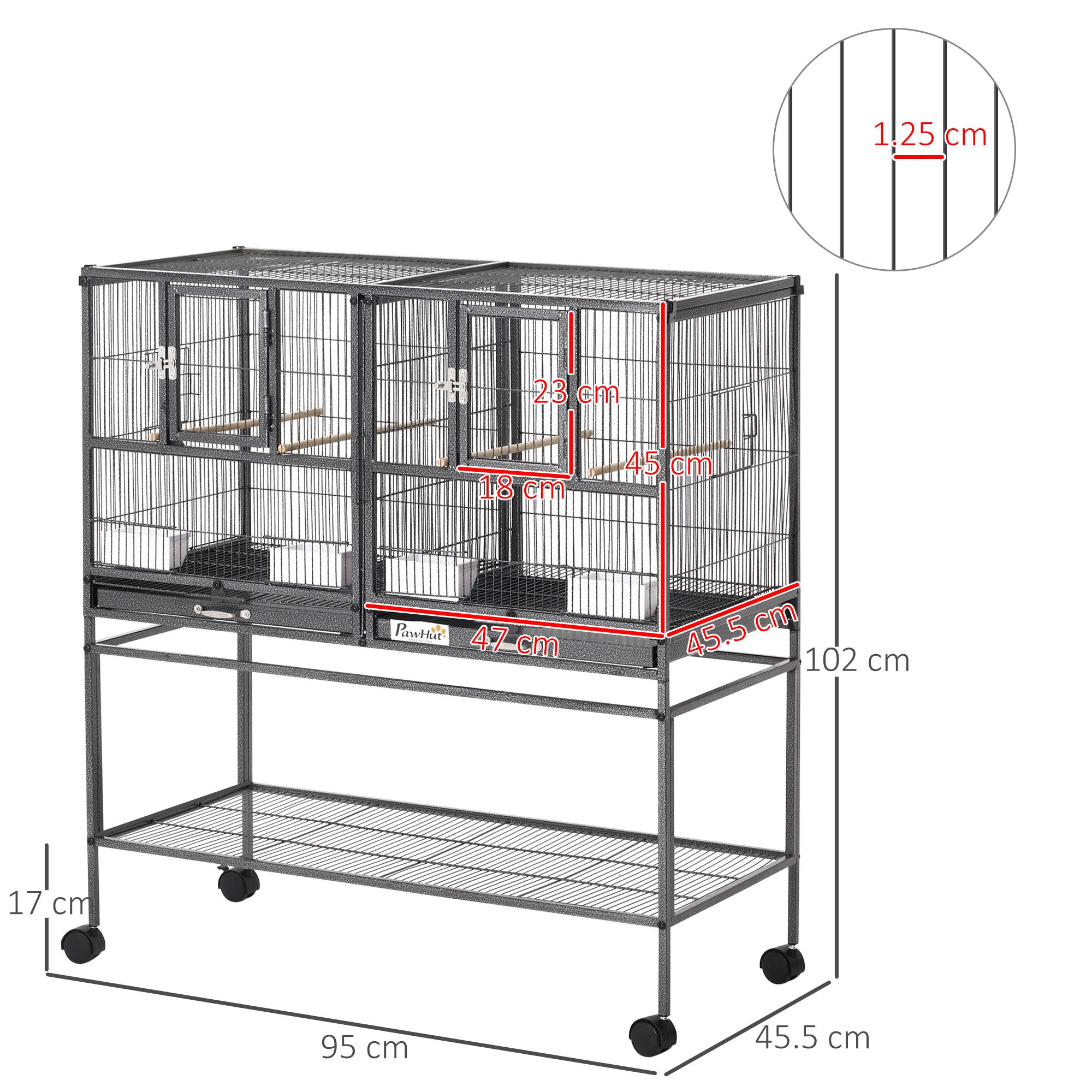 Double cage pour oiseaux en métal de qualité, bacs amovibles, support stable avec 4 roues et étagère, 95x45,5x102 cm, noir gris - Image 5