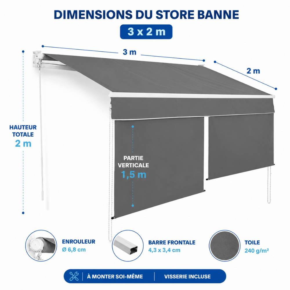 Store banne 2 en 1 avec double protection verticale et horizontale - Terrasse et balcon 3 x 2 Gris - Image 2
