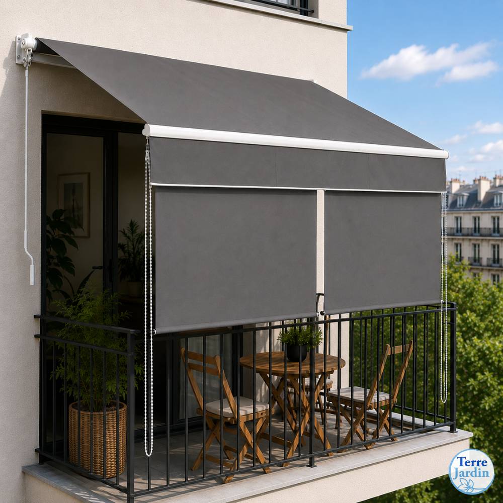 Store banne 2 en 1 avec double protection verticale et horizontale - Terrasse et balcon 3 x 2 Gris - Image 4