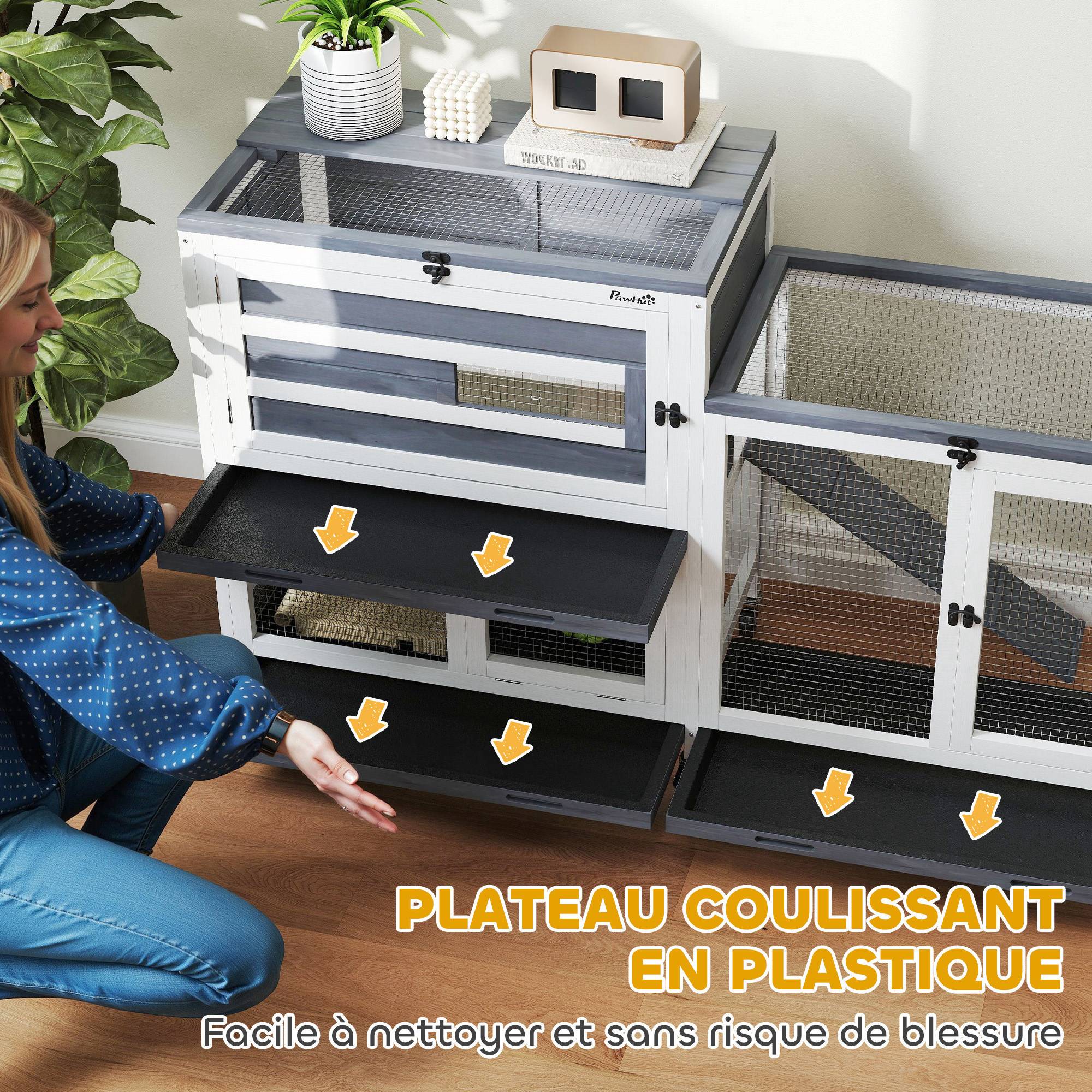 Clapier pour lapin en bois 2 étages avec roulettes, 3 plateaux, pour 2-3 lapins, 147 x 45 x 89,5 cm, gris - Image 7