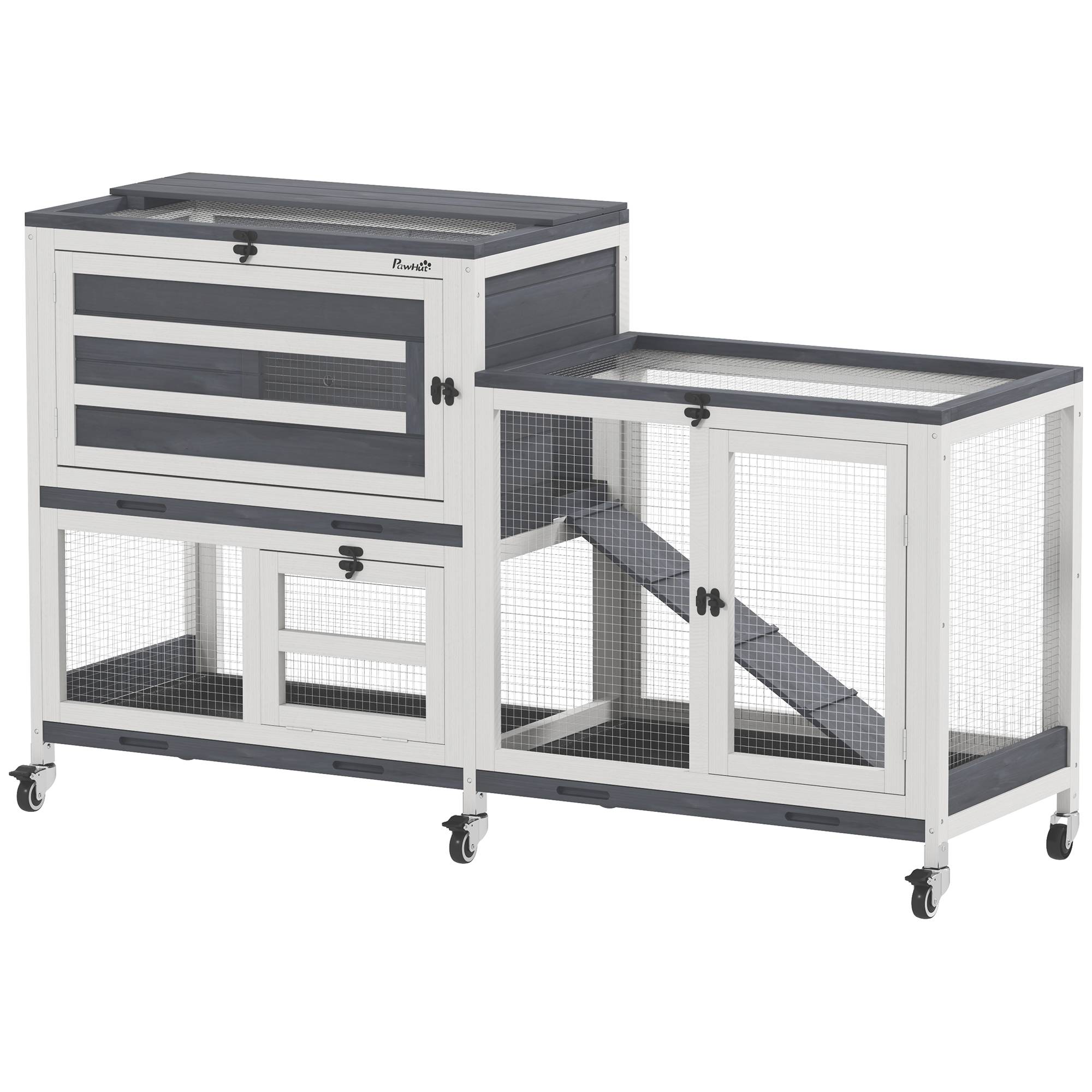Clapier pour lapin en bois 2 étages avec roulettes, 3 plateaux, pour 2-3 lapins, 147 x 45 x 89,5 cm, gris - Image 1
