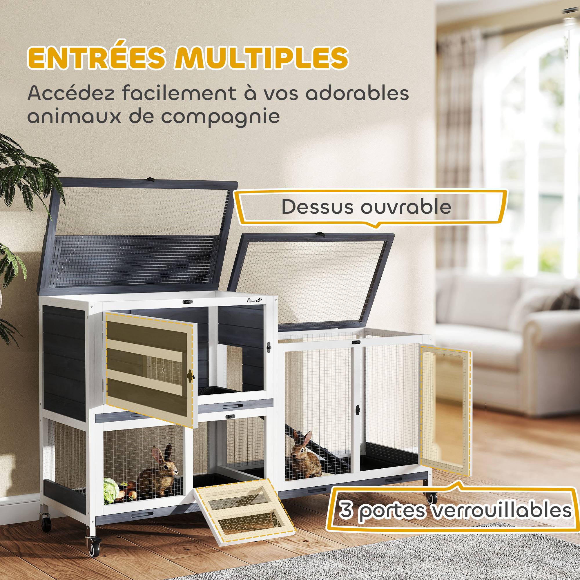 Clapier pour lapin en bois 2 étages avec roulettes, 3 plateaux, pour 2-3 lapins, 147 x 45 x 89,5 cm, gris - Image 9