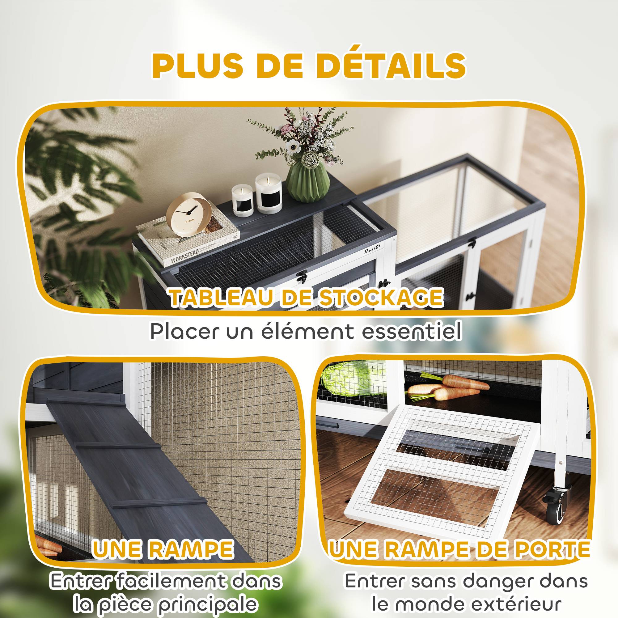 Clapier pour lapin en bois 2 étages avec roulettes, 3 plateaux, pour 2-3 lapins, 147 x 45 x 89,5 cm, gris - Image 10