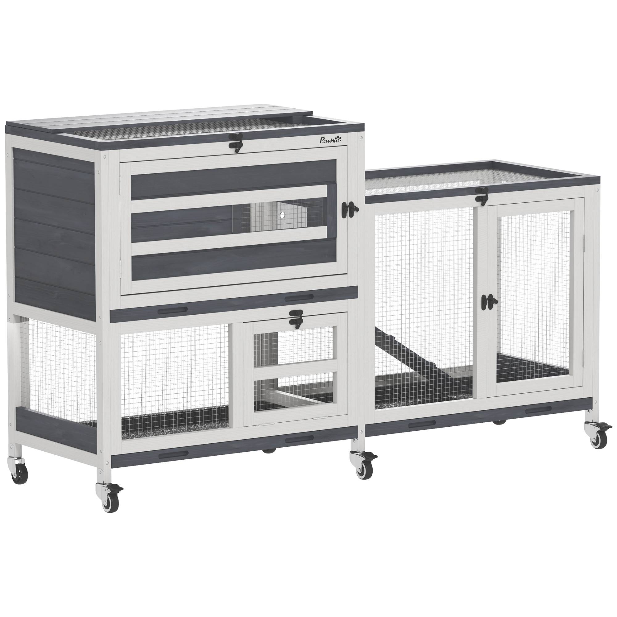 Clapier pour lapin en bois 2 étages avec roulettes, 3 plateaux, pour 2-3 lapins, 147 x 45 x 89,5 cm, gris - Image 2