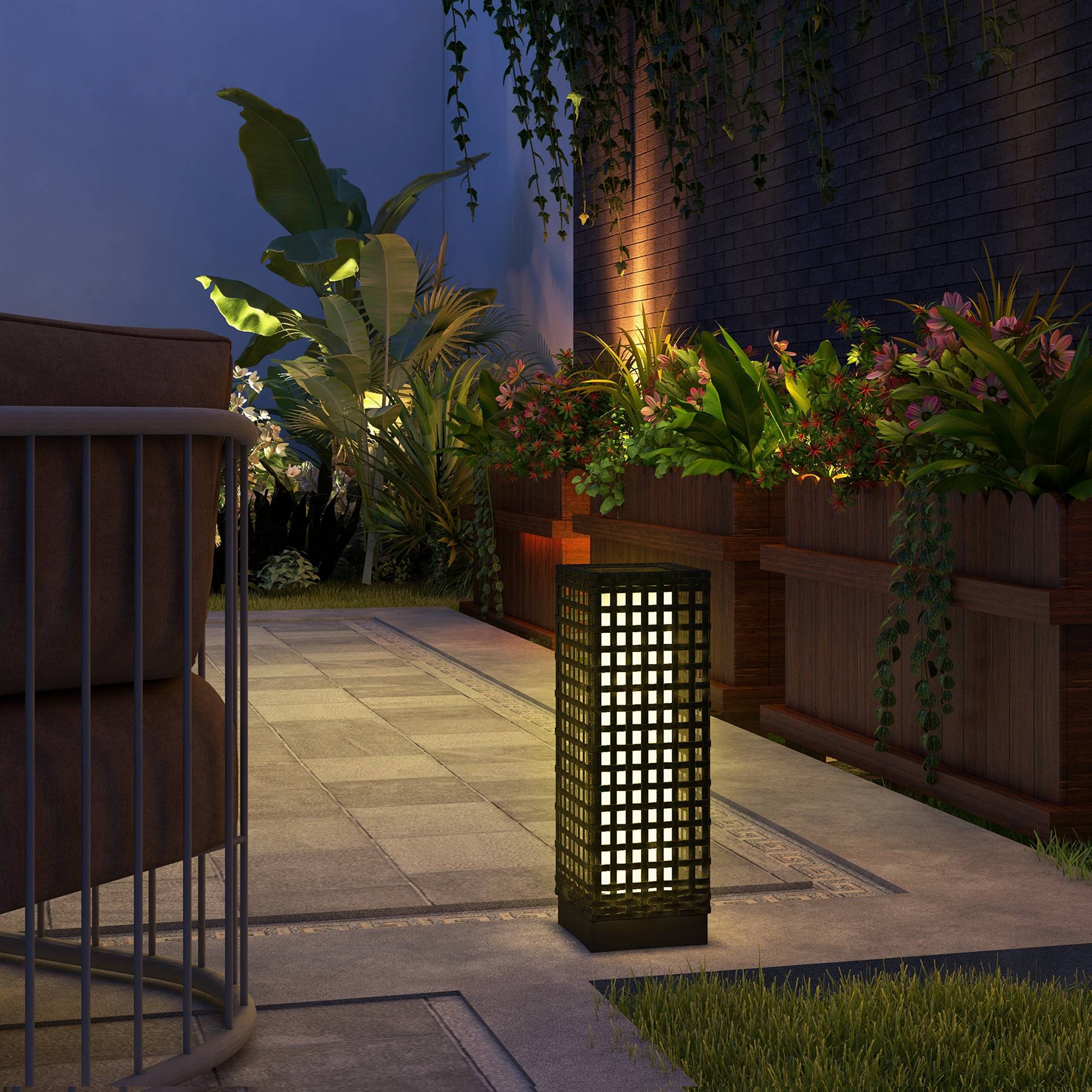 Luminaire extérieur solaire, capteur, 8 h, rotin, acier, 15,5x15,5x46 cm, noir - Image 3