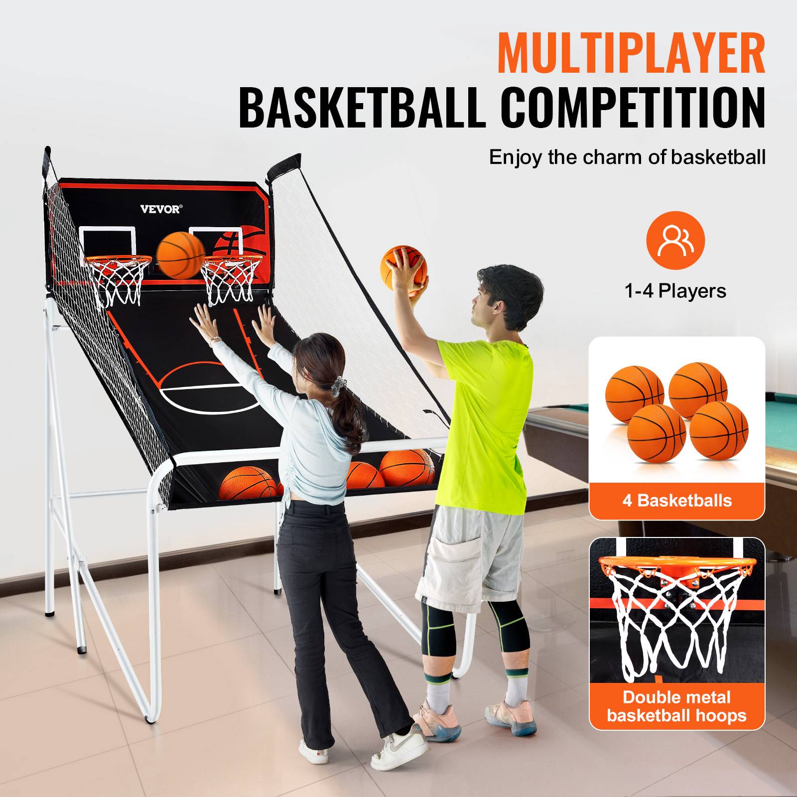 VEVOR Jeu arcade basketball pliable, 2 joueurs, double panier, 4 ballons, 8 modes. Électronique, noir/blanc. - Image 5