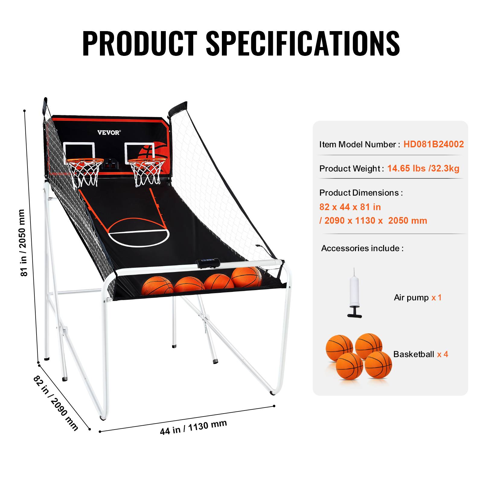 VEVOR Jeu arcade basketball pliable, 2 joueurs, double panier, 4 ballons, 8 modes. Électronique, noir/blanc. - Image 7