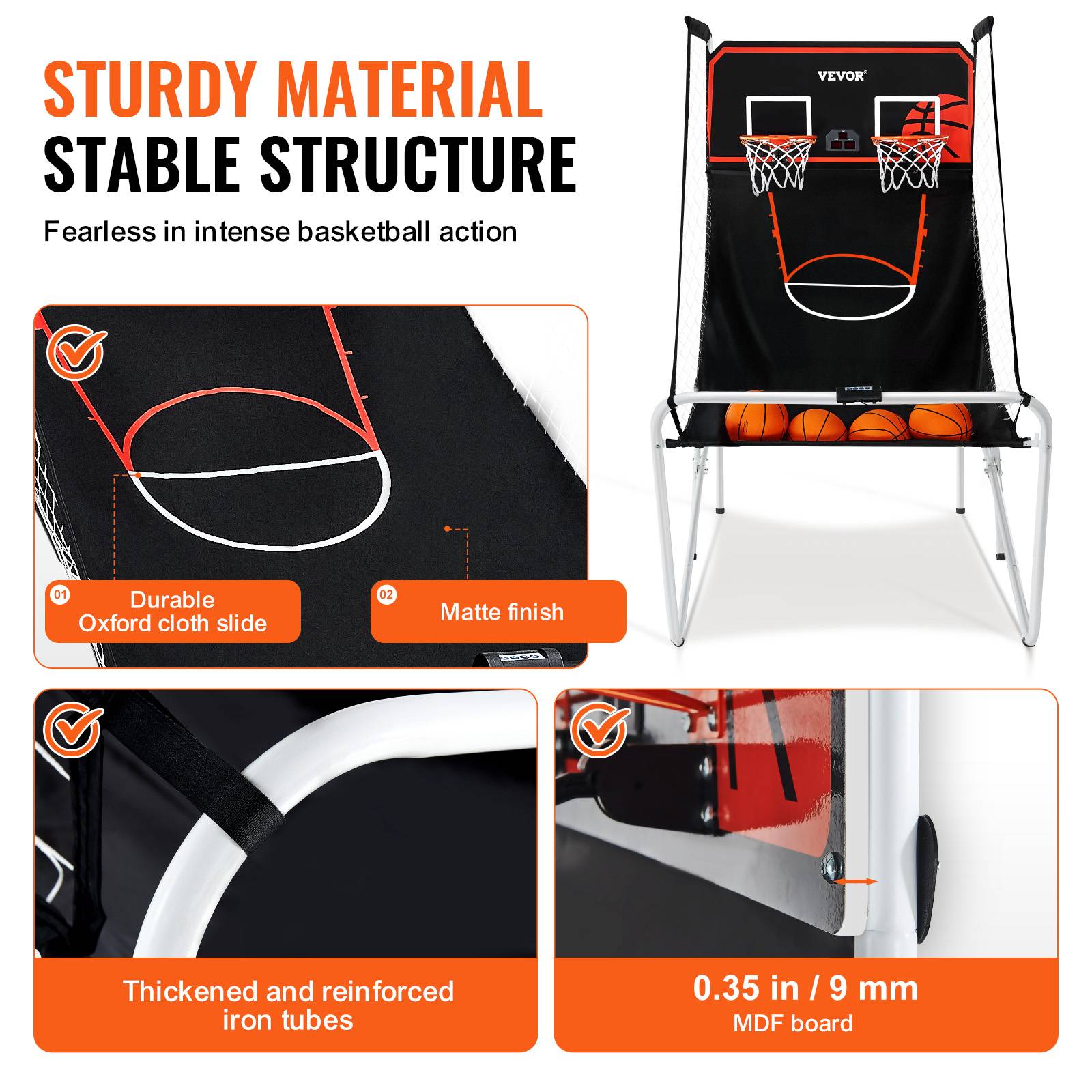 VEVOR Jeu arcade basketball pliable, 2 joueurs, double panier, 4 ballons, 8 modes. Électronique, noir/blanc. - Image 3