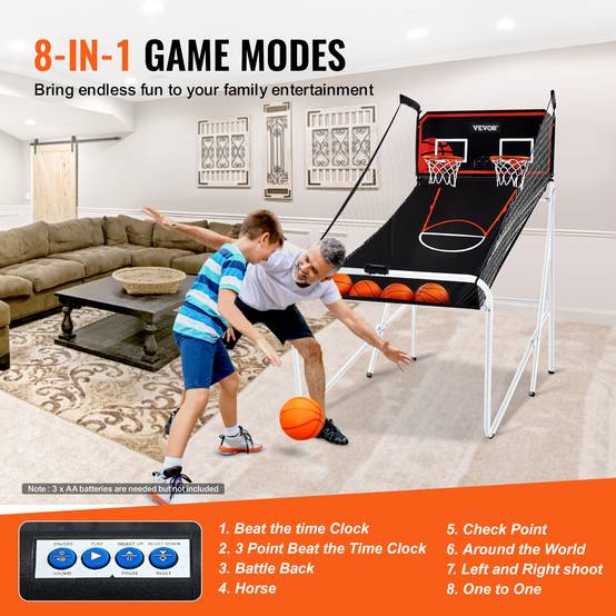 VEVOR Jeu arcade basketball pliable, 2 joueurs, double panier, 4 ballons, 8 modes. Électronique, noir/blanc. - Image 4