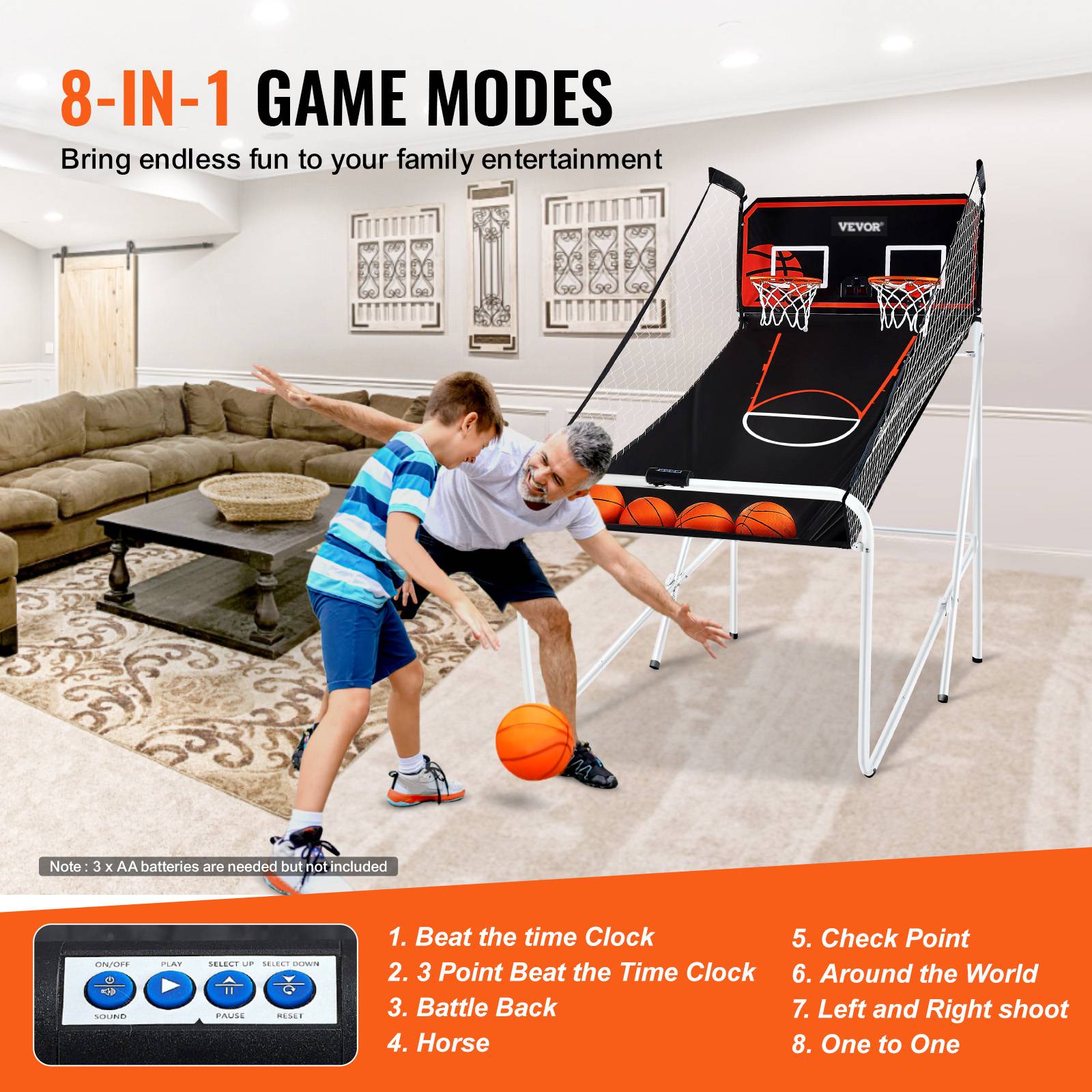 VEVOR Jeu arcade basketball pliable, 2 joueurs, double panier, 4 ballons, 8 modes. Électronique, noir/blanc. - Image 4