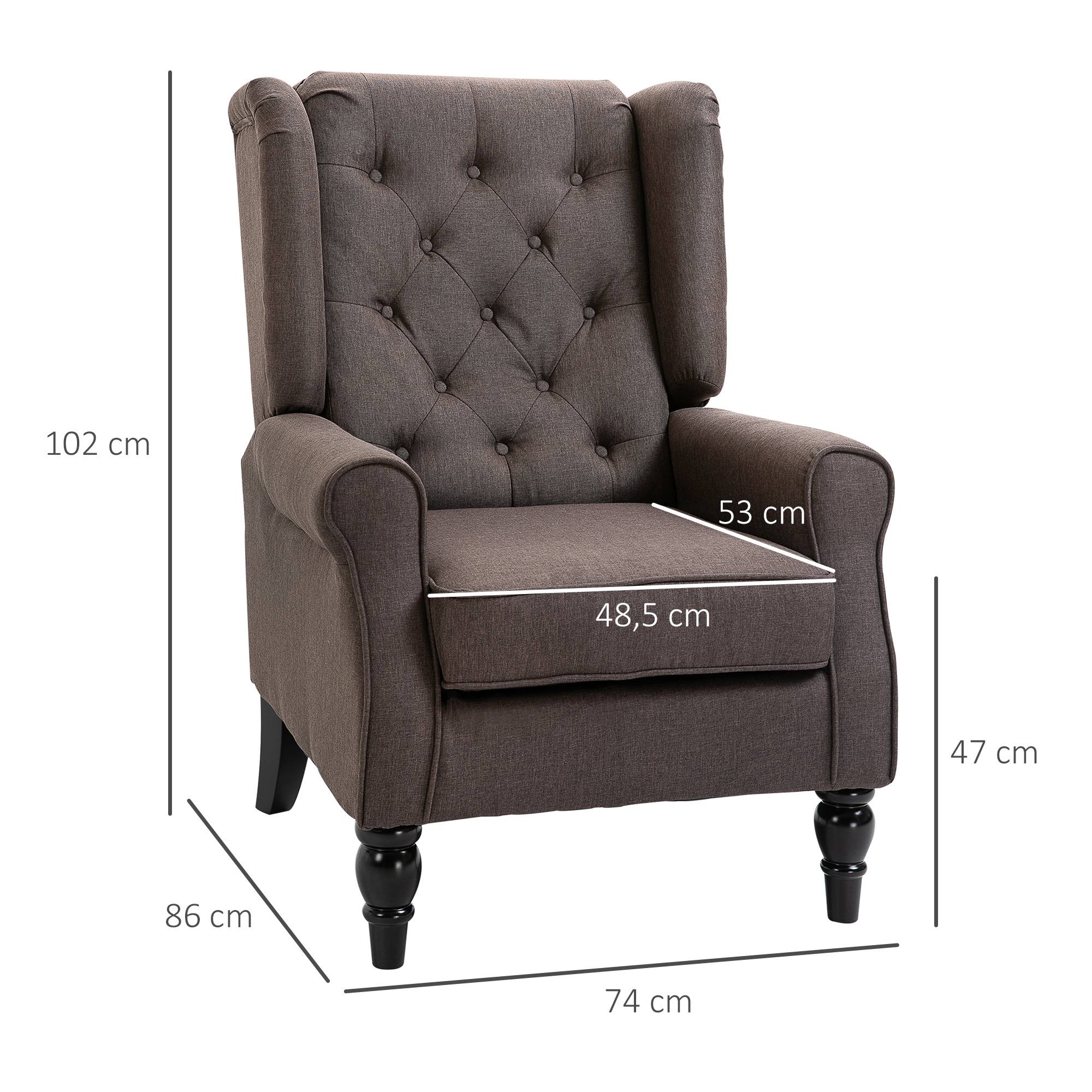 Fauteuil de salon capitonné avec assise large, pieds en bois, style classique, grand confort, 74 x 86 x 102 cm, marron - Image 5