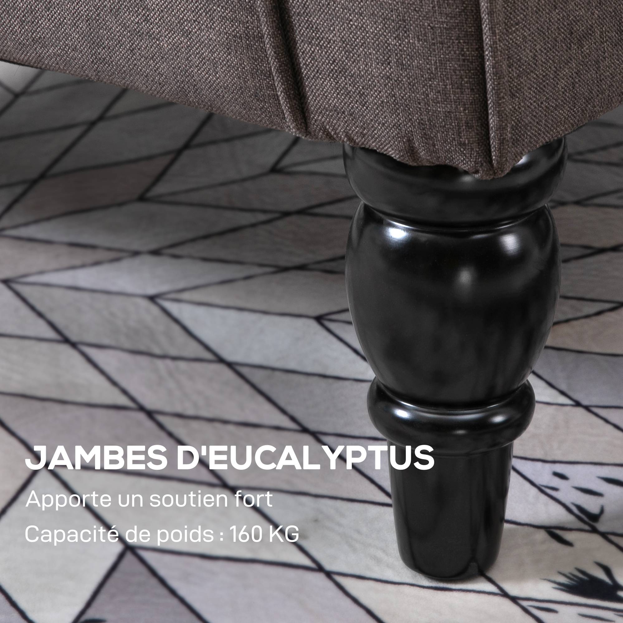 Fauteuil de salon capitonné avec assise large, pieds en bois, style classique, grand confort, 74 x 86 x 102 cm, marron - Image 9