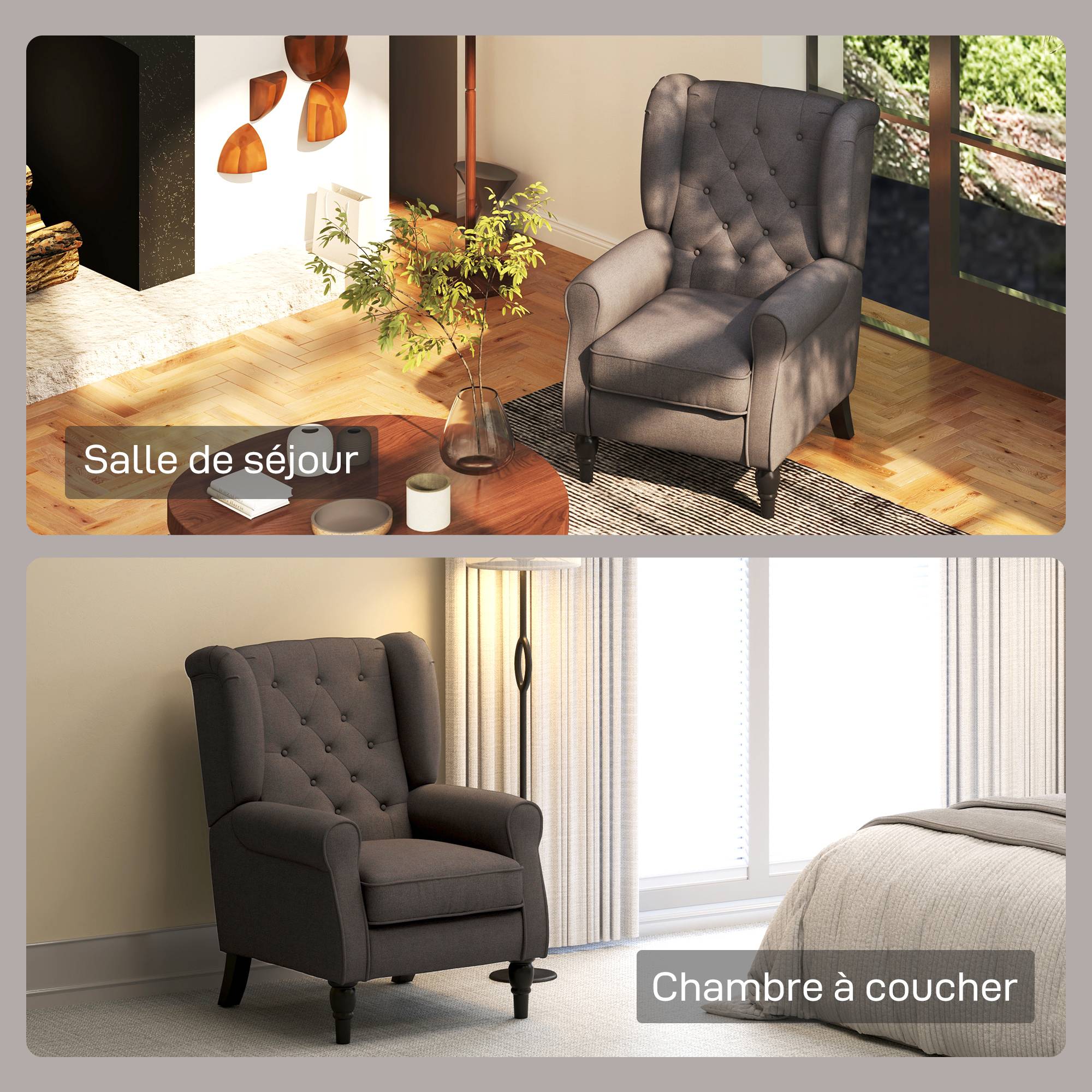 Fauteuil de salon capitonné avec assise large, pieds en bois, style classique, grand confort, 74 x 86 x 102 cm, marron - Image 10