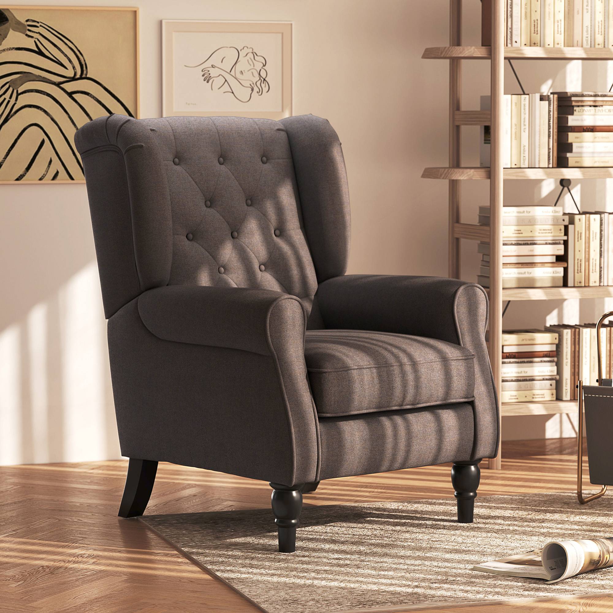 Fauteuil de salon capitonné avec assise large, pieds en bois, style classique, grand confort, 74 x 86 x 102 cm, marron - Image 3