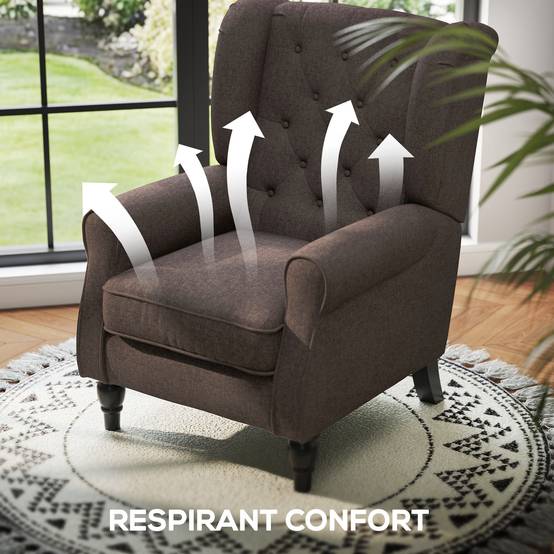 Fauteuil de salon capitonné avec assise large, pieds en bois, style classique, grand confort, 74 x 86 x 102 cm, marron - Image 8
