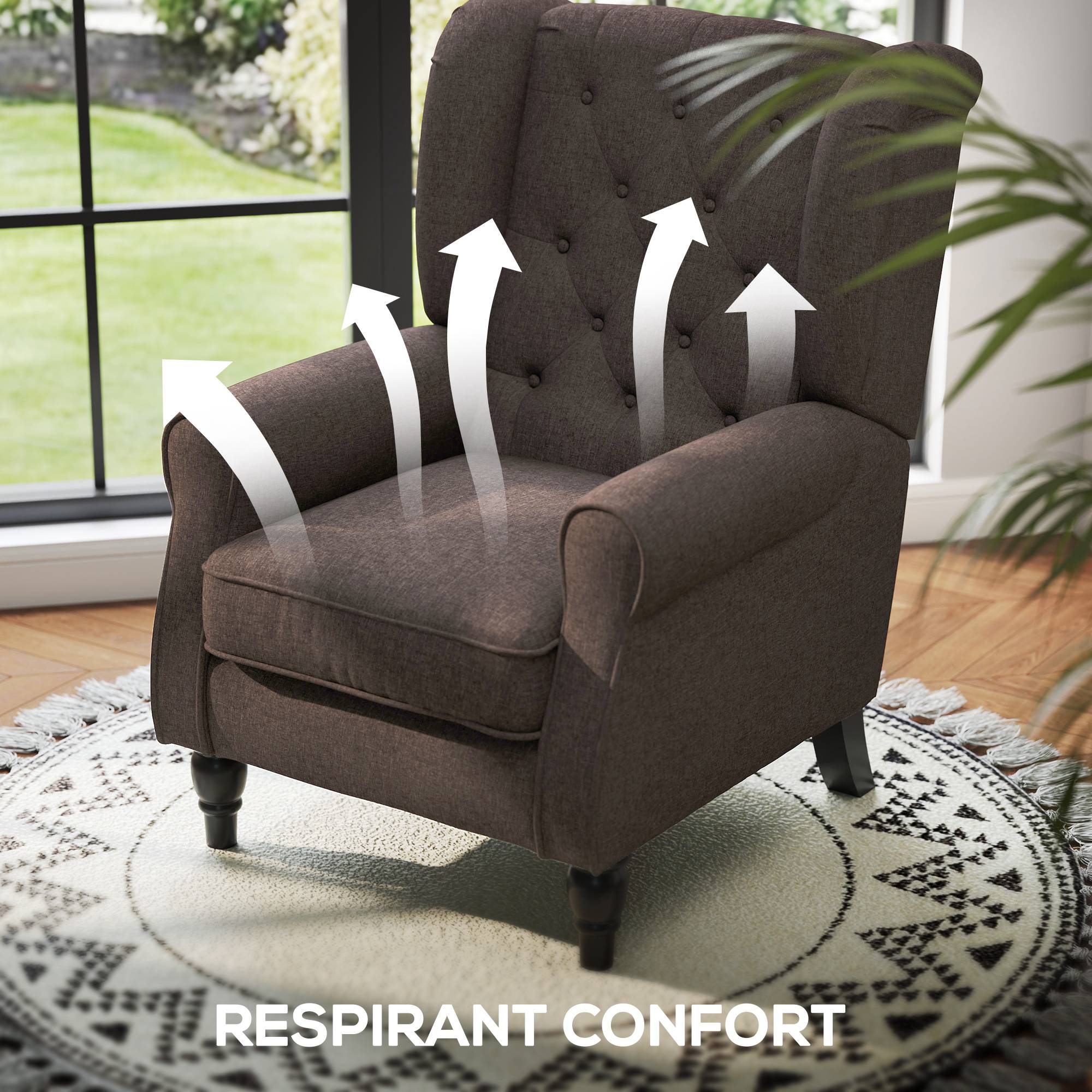 Fauteuil de salon capitonné avec assise large, pieds en bois, style classique, grand confort, 74 x 86 x 102 cm, marron - Image 8