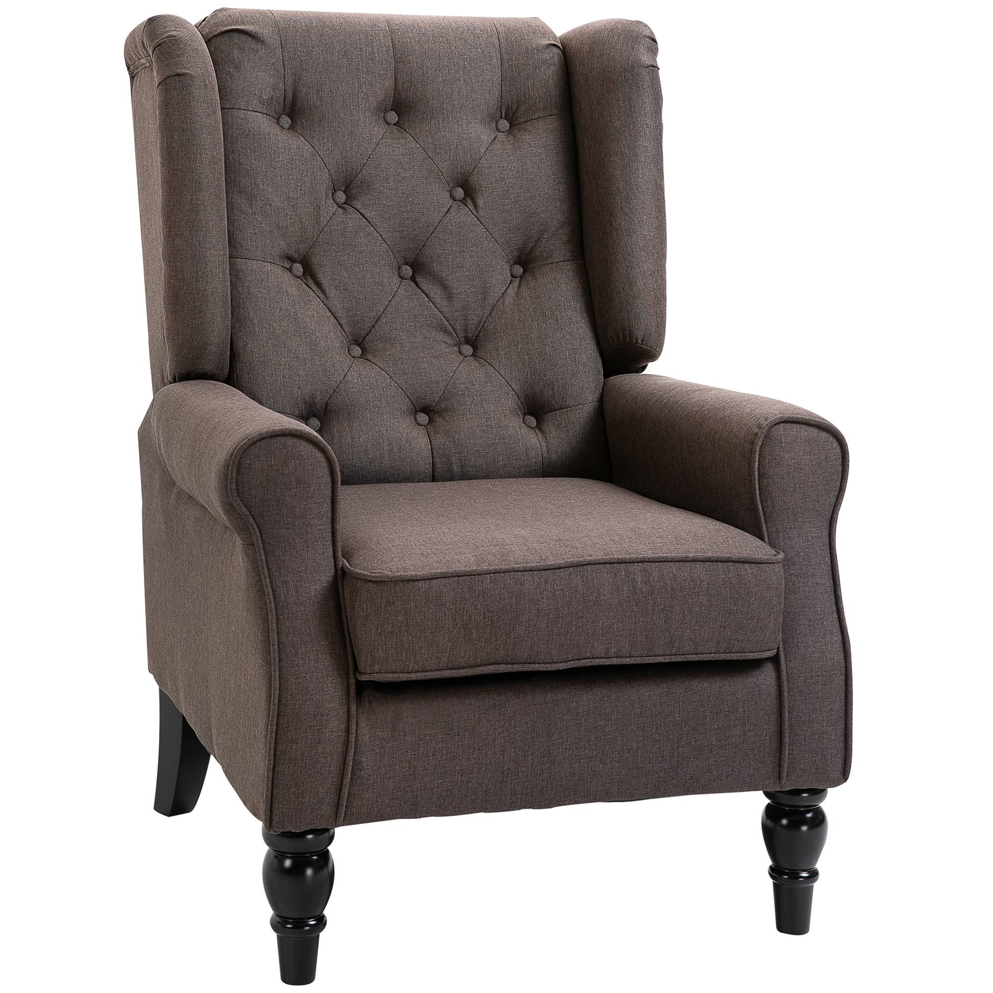 Fauteuil de salon capitonné avec assise large, pieds en bois, style classique, grand confort, 74 x 86 x 102 cm, marron - Image 1
