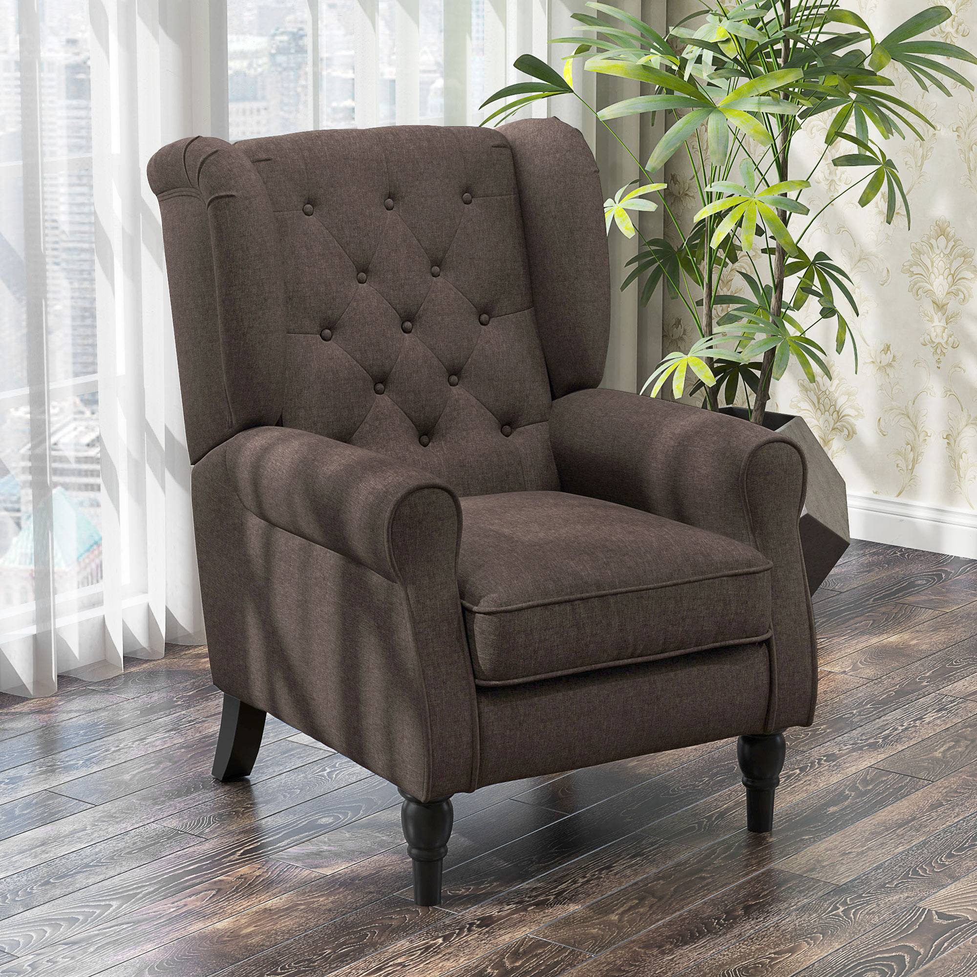 Fauteuil de salon capitonné avec assise large, pieds en bois, style classique, grand confort, 74 x 86 x 102 cm, marron - Image 4