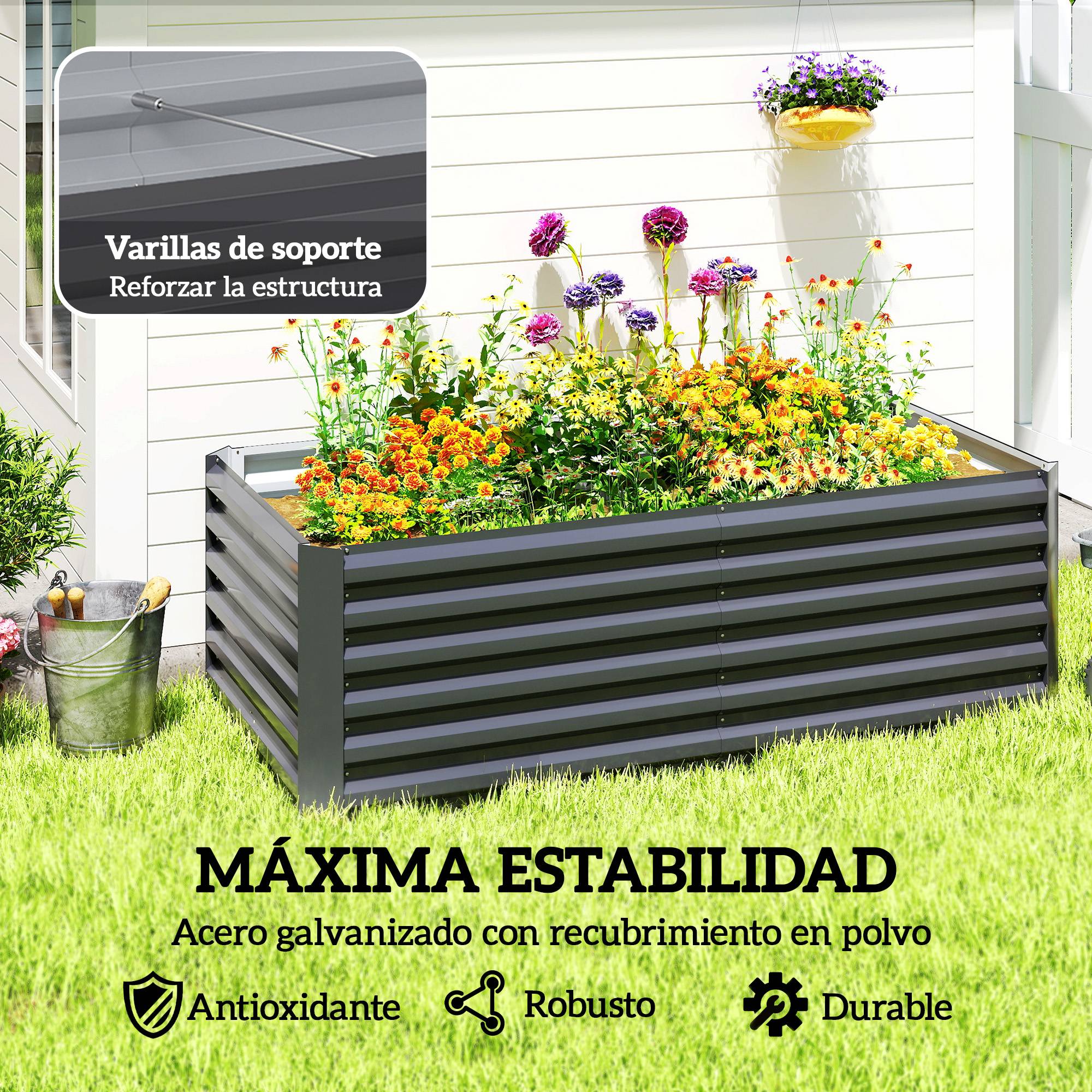 Jardinière extérieure grande rectangulaire acier galvanisé terrasse base ouverte 180x90x57,5 cm gris - Image 7