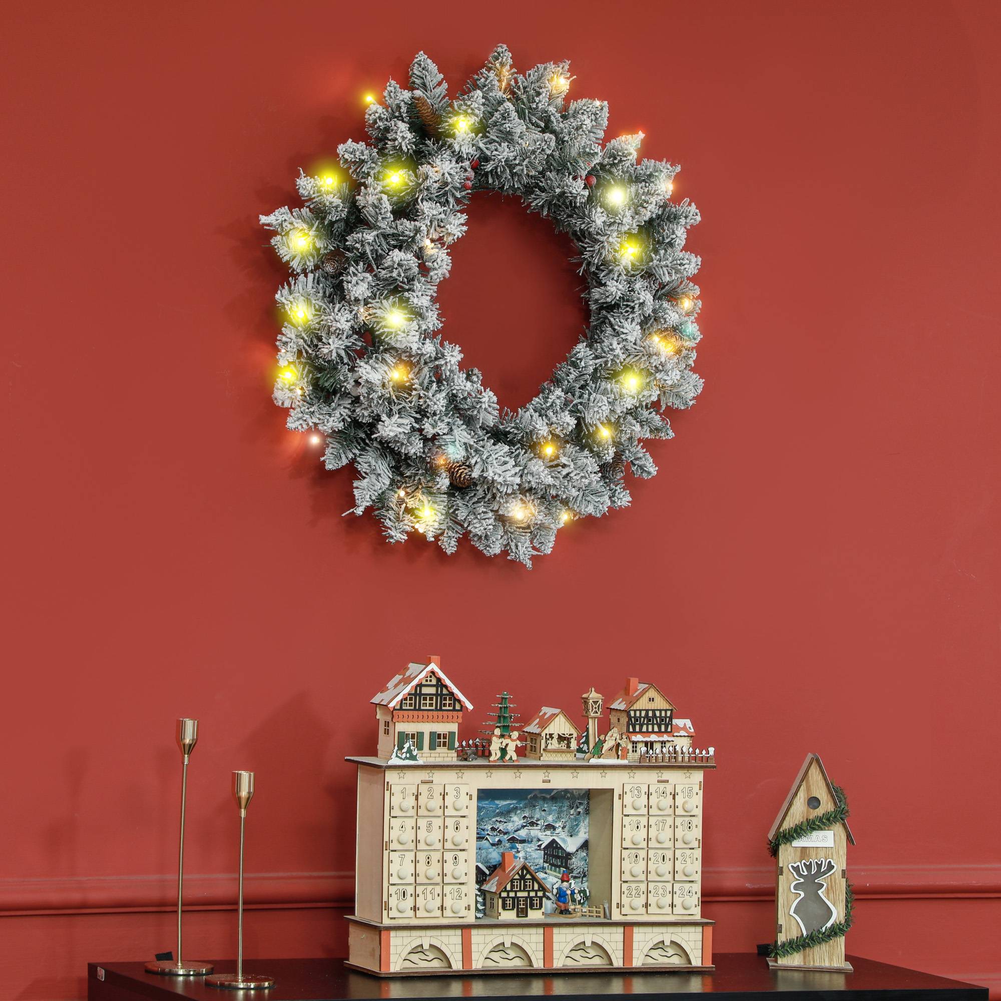 ComfortXL - Couronne de Noël artificielle lumineuse en plastique vert Ø 60 cm pour porte avec 50 LED blanc chaud et minuterie - Image 8