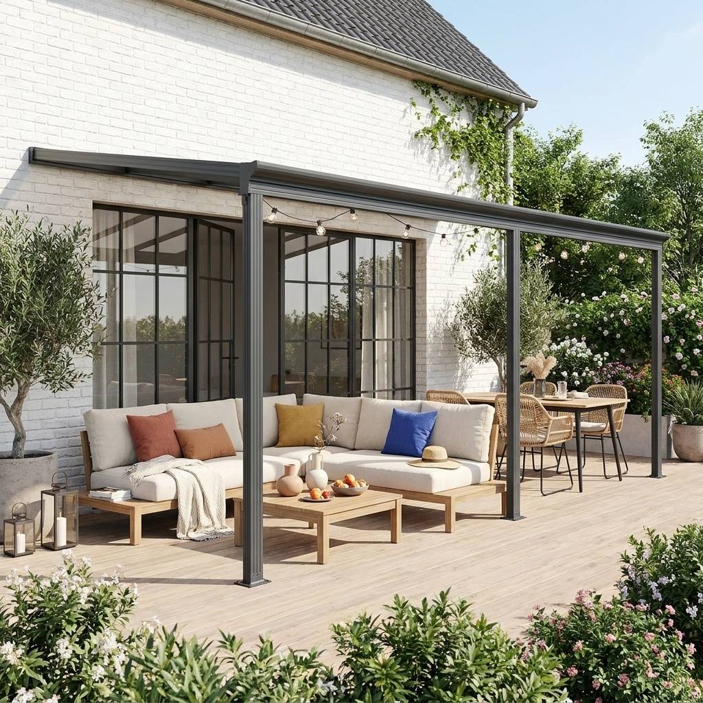 sweeek - Pergola. carport adossé 3x5m anthracite en aluminium et polycarbonate avec gouttière. pergola adossée | sweeek - Image 1