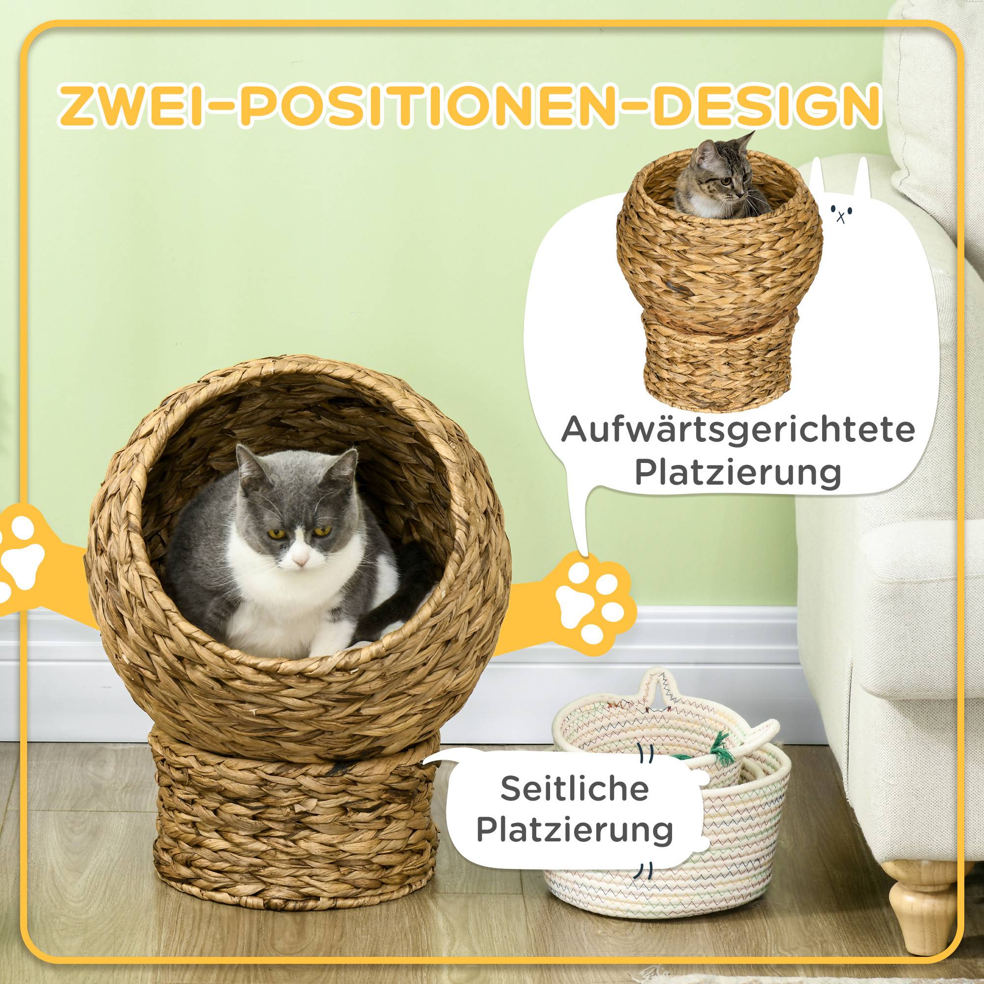 Panier pour chat en rotin, niche pour chat, maison pour chat, lit pour chat avec coussin, couchage pour animal de compagnie,40 x 37 x 51 cm - Image 6