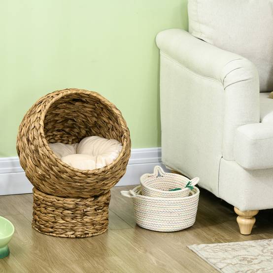 Panier pour chat en rotin, niche pour chat, maison pour chat, lit pour chat avec coussin, couchage pour animal de compagnie,40 x 37 x 51 cm - Image 9