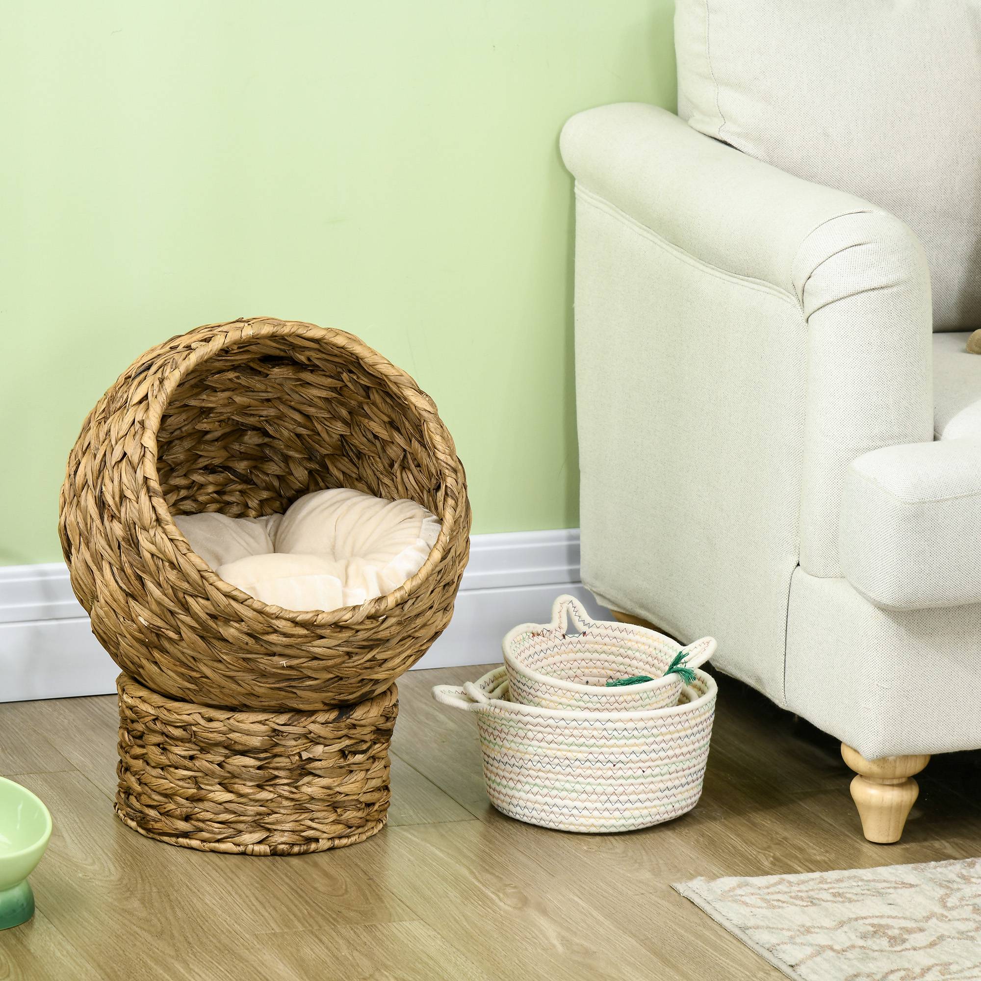 Panier pour chat en rotin, niche pour chat, maison pour chat, lit pour chat avec coussin, couchage pour animal de compagnie,40 x 37 x 51 cm - Image 9