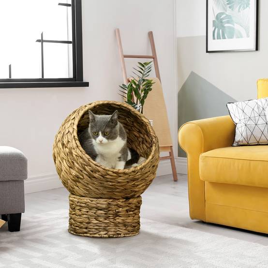 Panier pour chat en rotin, niche pour chat, maison pour chat, lit pour chat avec coussin, couchage pour animal de compagnie,40 x 37 x 51 cm - Image 4