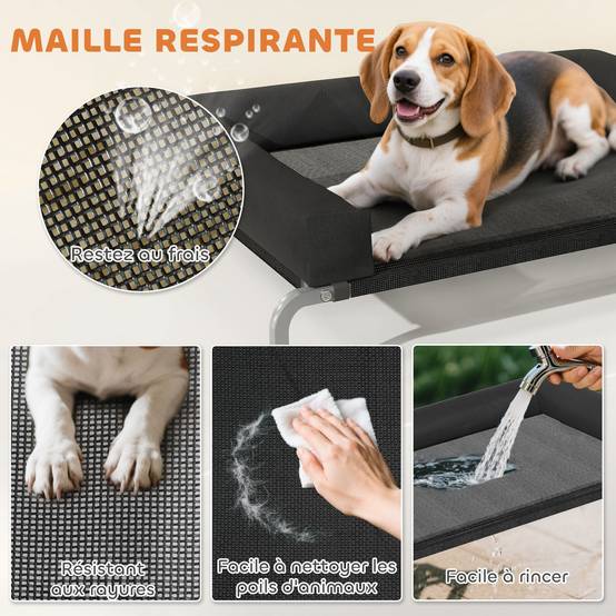 Lit surélevé chien toile Oxford intérieur extérieur rafraîchissant 110x75x30cm noir - ComfortXL Outdoor Living - Image 8