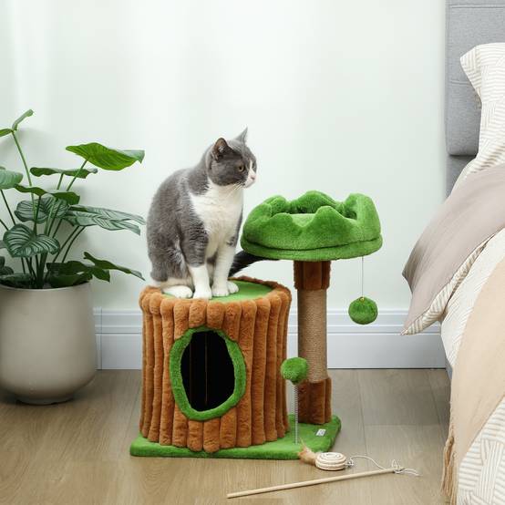 Petit Arbre à Chat Design Tronc d'Arbre avec Niche Lit et Griffoir Jute 53 cm Marron Vert - ComfortXL Outdoor Living - Image 4