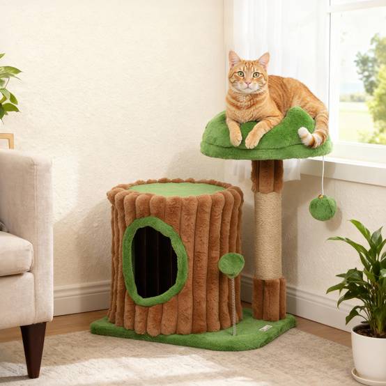 Petit Arbre à Chat Design Tronc d'Arbre avec Niche Lit et Griffoir Jute 53 cm Marron Vert - ComfortXL Outdoor Living - Image 3