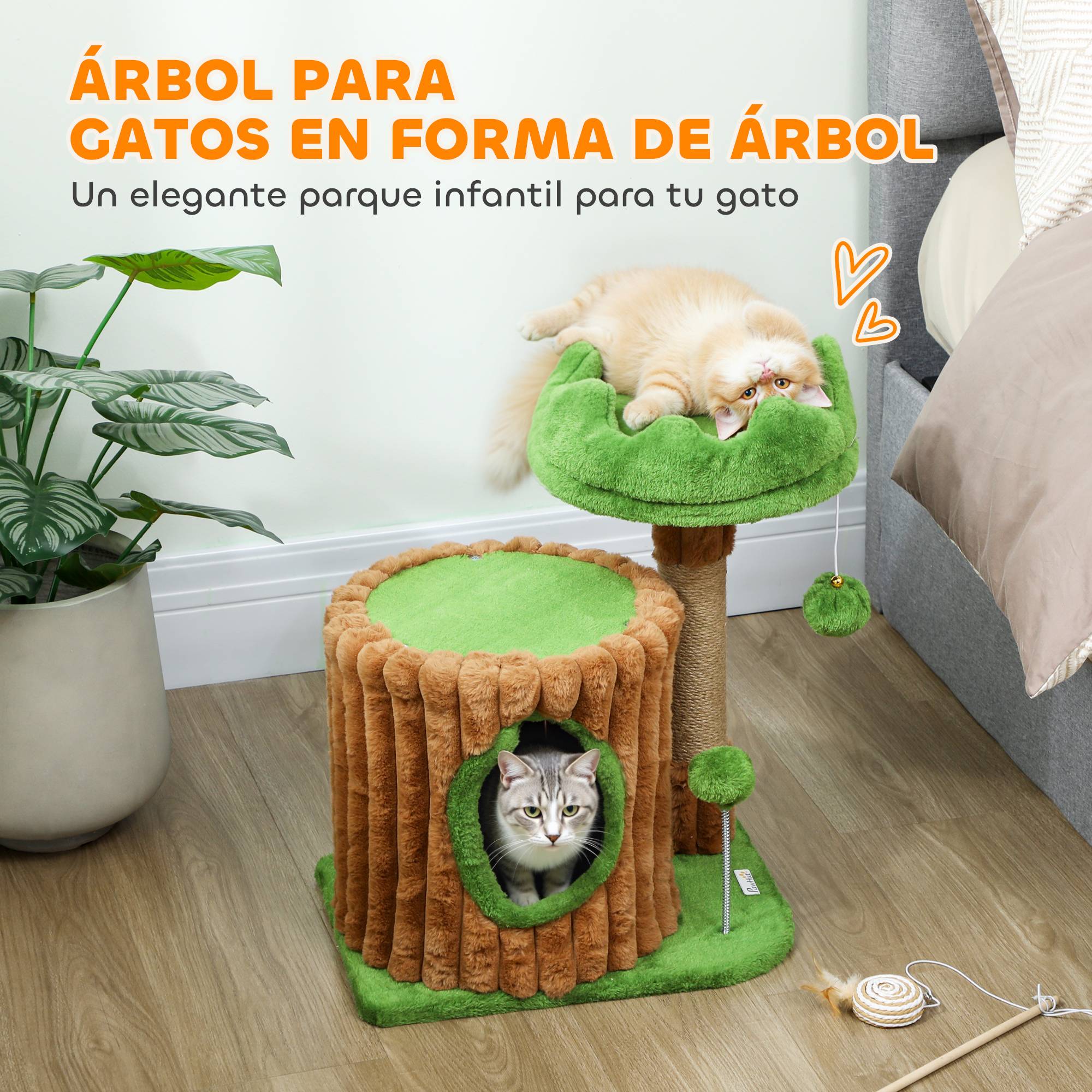 Petit Arbre à Chat Design Tronc d'Arbre avec Niche Lit et Griffoir Jute 53 cm Marron Vert - ComfortXL Outdoor Living - Image 6