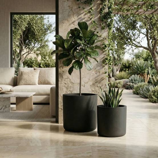 Lot de 2 Pots de Fleurs Ronds Magnésie Intérieur Extérieur avec Drainage Noir - ComfortXL Outdoor Living - Image 1